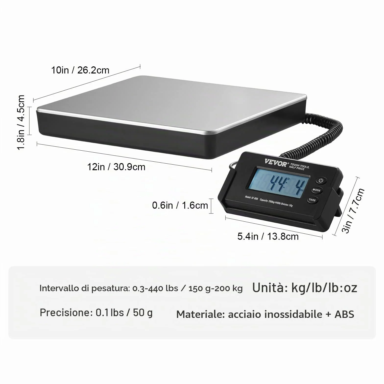 VEVOR Bilancia Digitale Pesa Pacchi Postali Commerciale ABS, 150 g-200 kg, 309 x 262 x 45 mm, Schermo LCD Tara