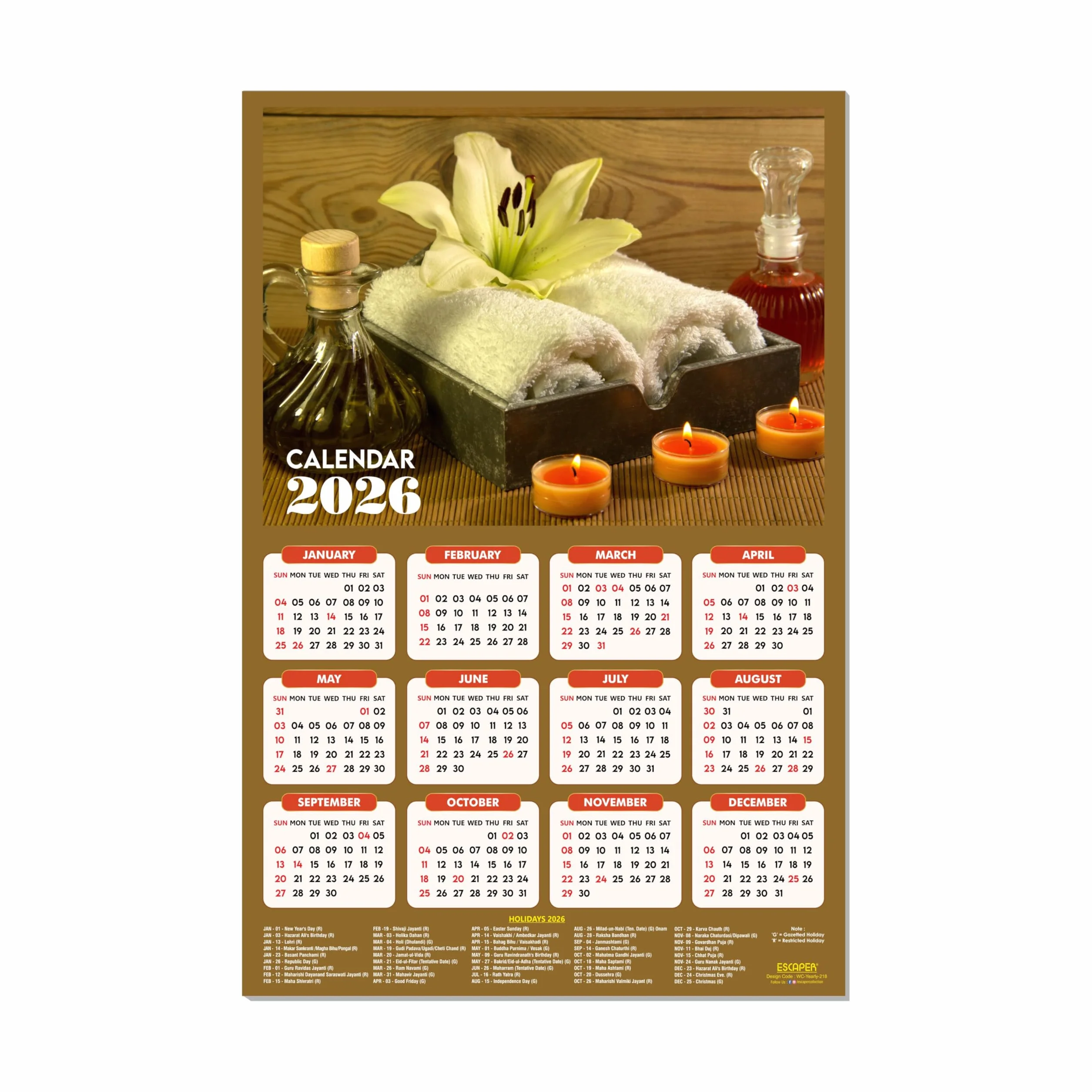 ESCAPER Calendario da parete Body Spa 2025 da appendere (45 x 30 cm), calendario da parete ayurvedico spa 2025, calendario da parete 2025, calendario da parete 2025, decorazione da parete spa