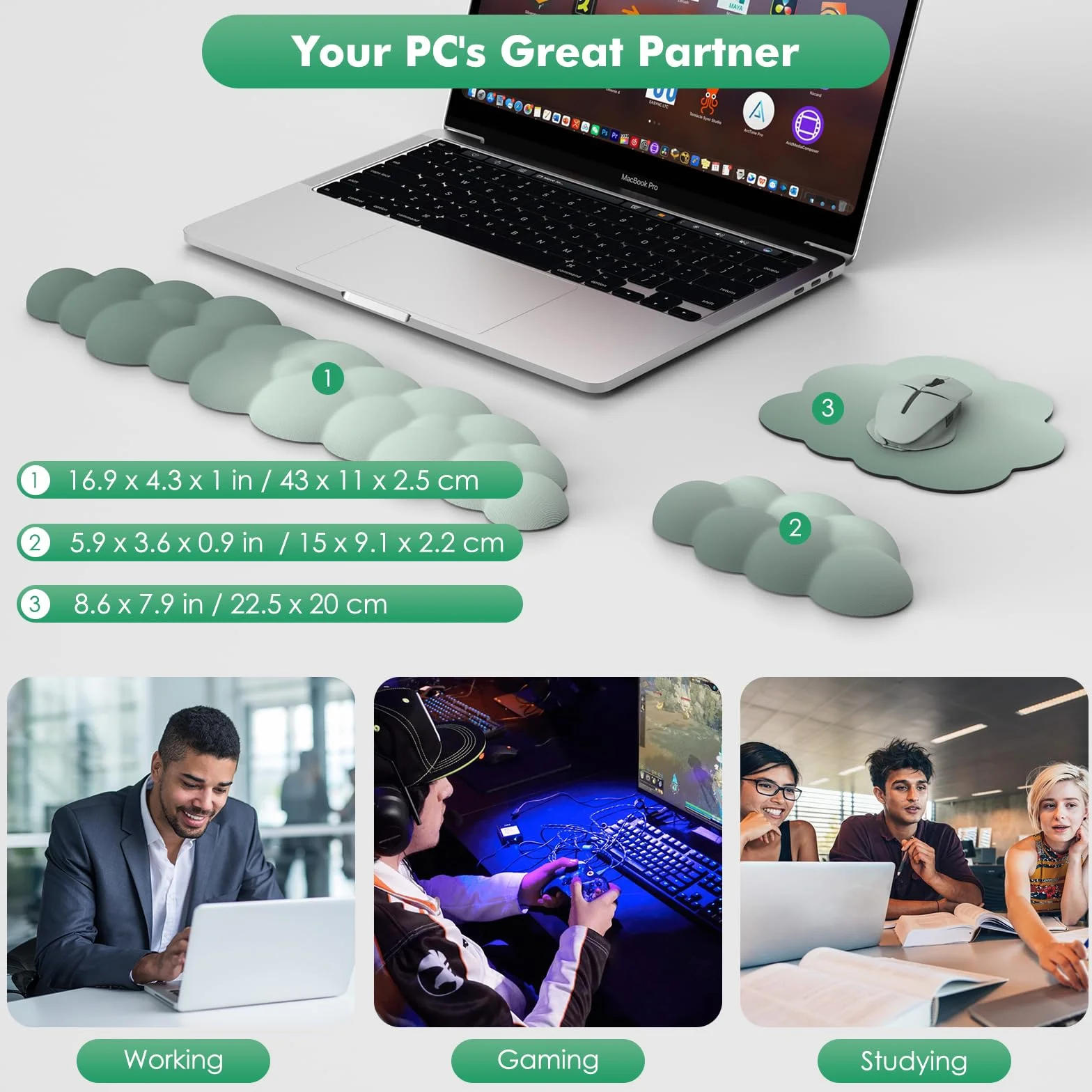 MoKo Poggiapolsi a Nuvola Ergonomico per Tastiera e Mouse in Poliestere Verde