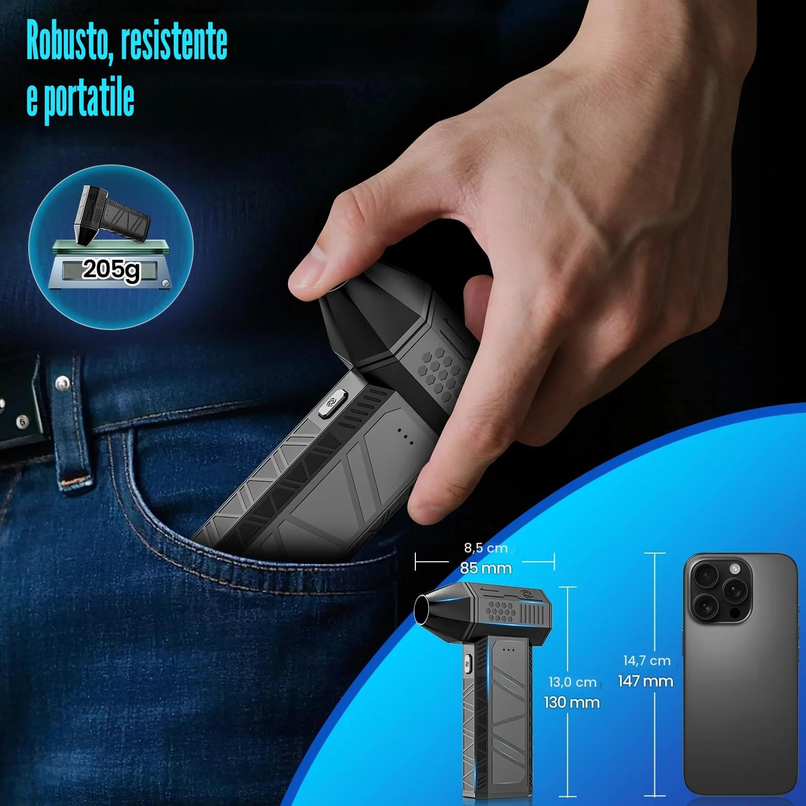 Aria Compressa Elettrico Rimuovi Polvere - 3 Velocità 130000 Giri/Min Mini Soffiatore a Batteria, Turbo Fan con 4 Soffiatore, Pistola ad Aria Compressa per Pulizia di PC, Tastiera, Auto e Divano