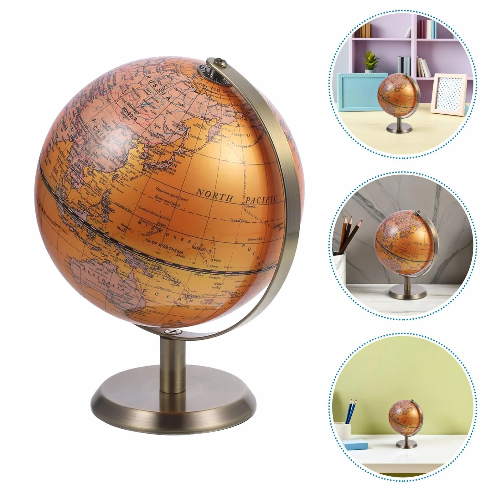 Mappamondo da Scrivania Decorativo in ABS e Metallo 14 CM con Etichette in Inglese Globo per Ufficio e Aula Scolastica Ornamento Educativo per Studio e Soggiorno