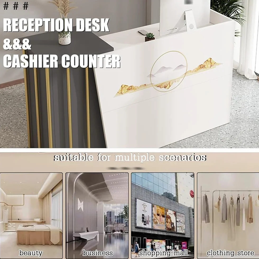 JingNian Bancone Reception Ufficio con Cassetti Serratura e Ampio Spazio di Archiviazione, Banco Reception Moderno per Negozi Abbigliamento Pasticcerie Hotel Centro Estetic(Size:120CM,Color:Stampato)