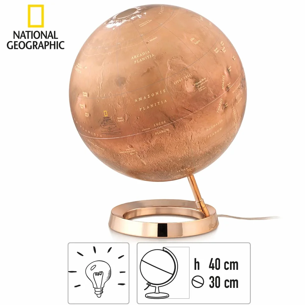 Tecnodidattica - Mappamondo National Geographic Marte| Accurata Cartografia fisica del Pianeta Rosso | Luminoso e girevole | Base in nylon | Design Studio Tools | Diametro 30 cm