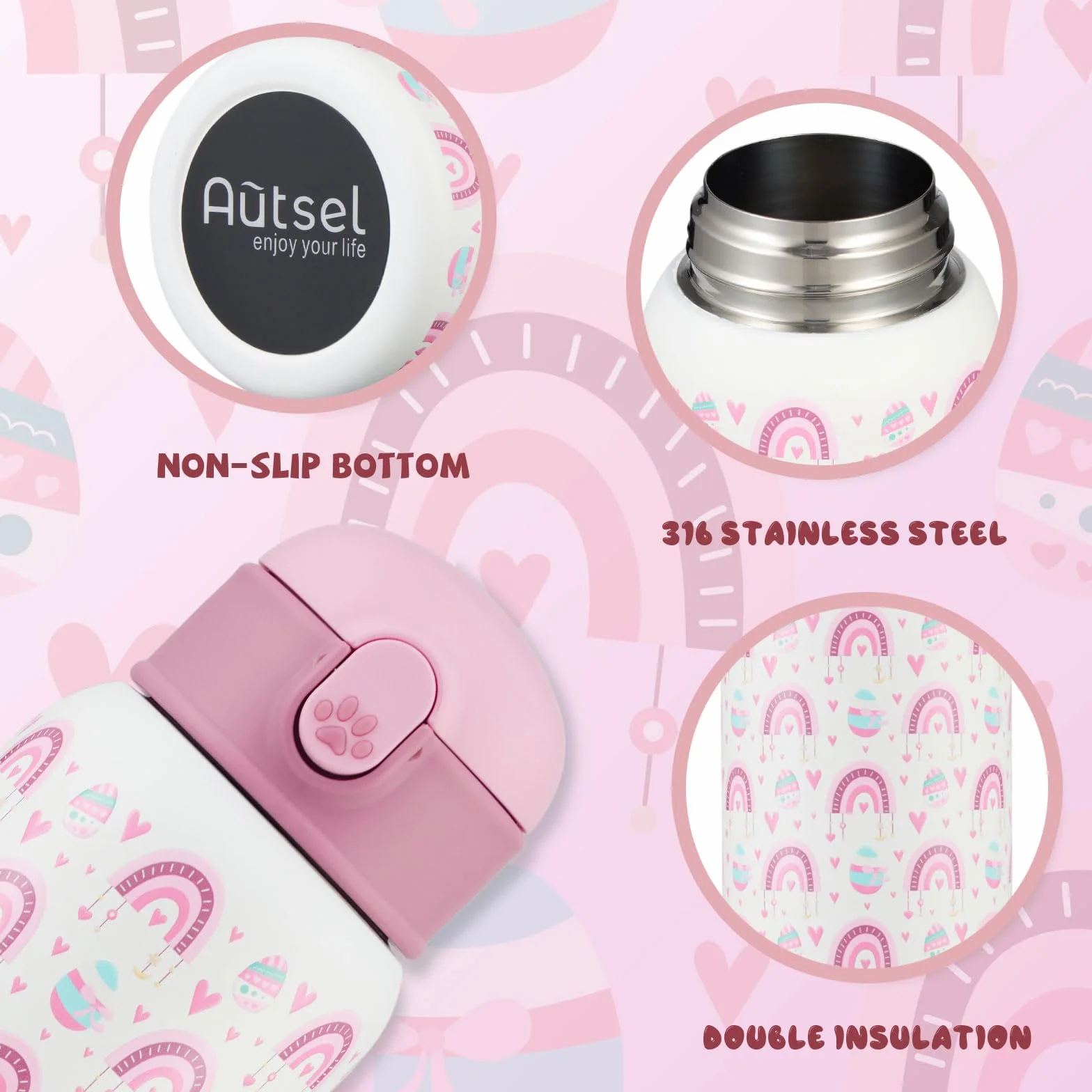 Bottiglia Termica Bambini 400ml Acciaio Inox Doppia Parete Borraccia con Cannuccia Senza BPA