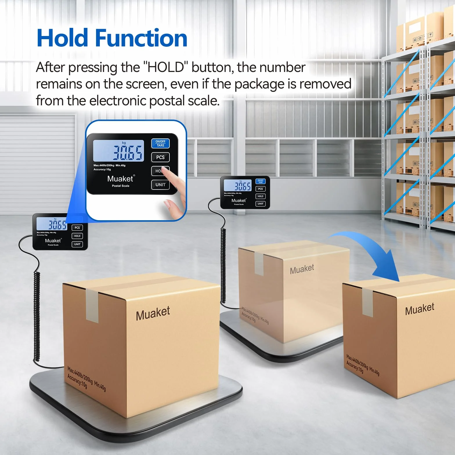 200kg/10g Bilancia Pesa Pacchi Digitale con Funzione di Mantenimento e Tara | Bilancia Postale con Batterie e Cavo di Ricarica, Bilancia Pacchi con Display LCD, 4 Unità per Magazzini, Bagagli e Magazzini