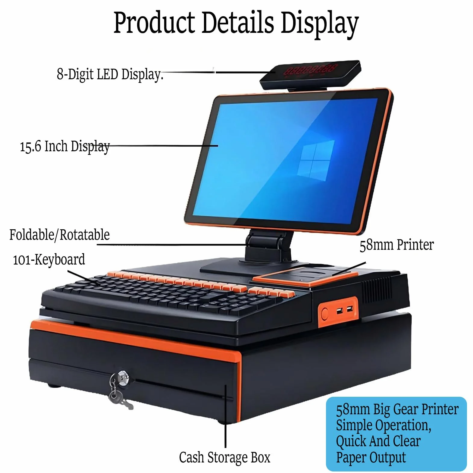 Pos all-in-One per Il Retail, Registratore di Cassa Smart con Touchscreen, Schermo Singolo O Doppio, con Lettore di Codici A Barre, Stampante E Cassetto Portadenaro White-SingleDisplay