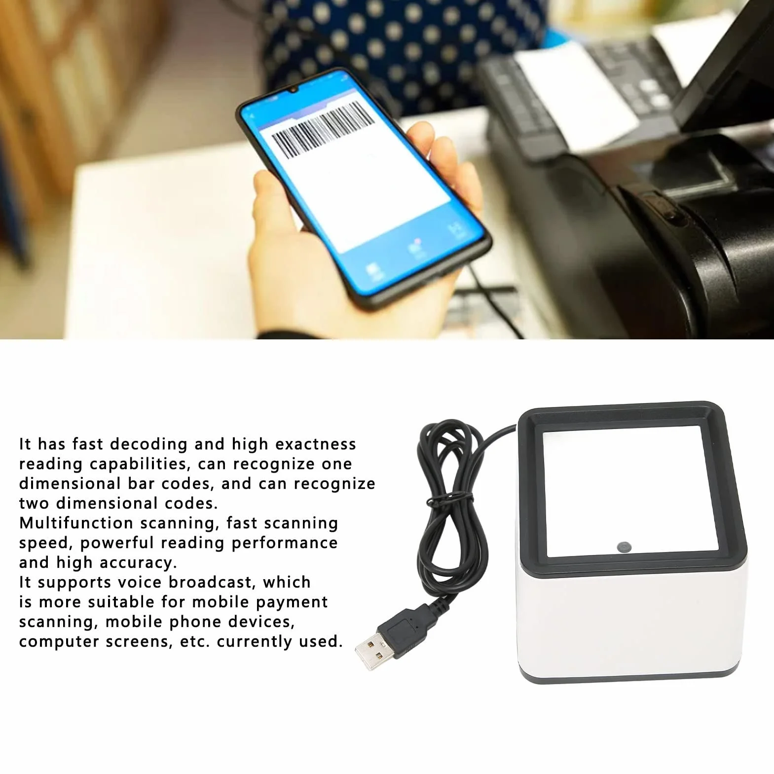 Goshyda Scanner di Codici a Barre QR 2D 1D, Scanner per Lettore di Codici a Barre Automatico Desktop Cablato USB, Scanner di Codici a Barre per Pagamento Mobile Desktop a Mani Libere per