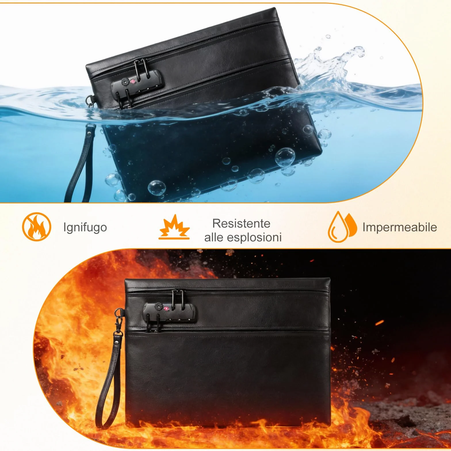 Borsa per Documenti Ignifuga Impermeabile 6400°F con Serratura 12 Strati Valigetta Portatile Anti Fuoco Nero 36x26cm