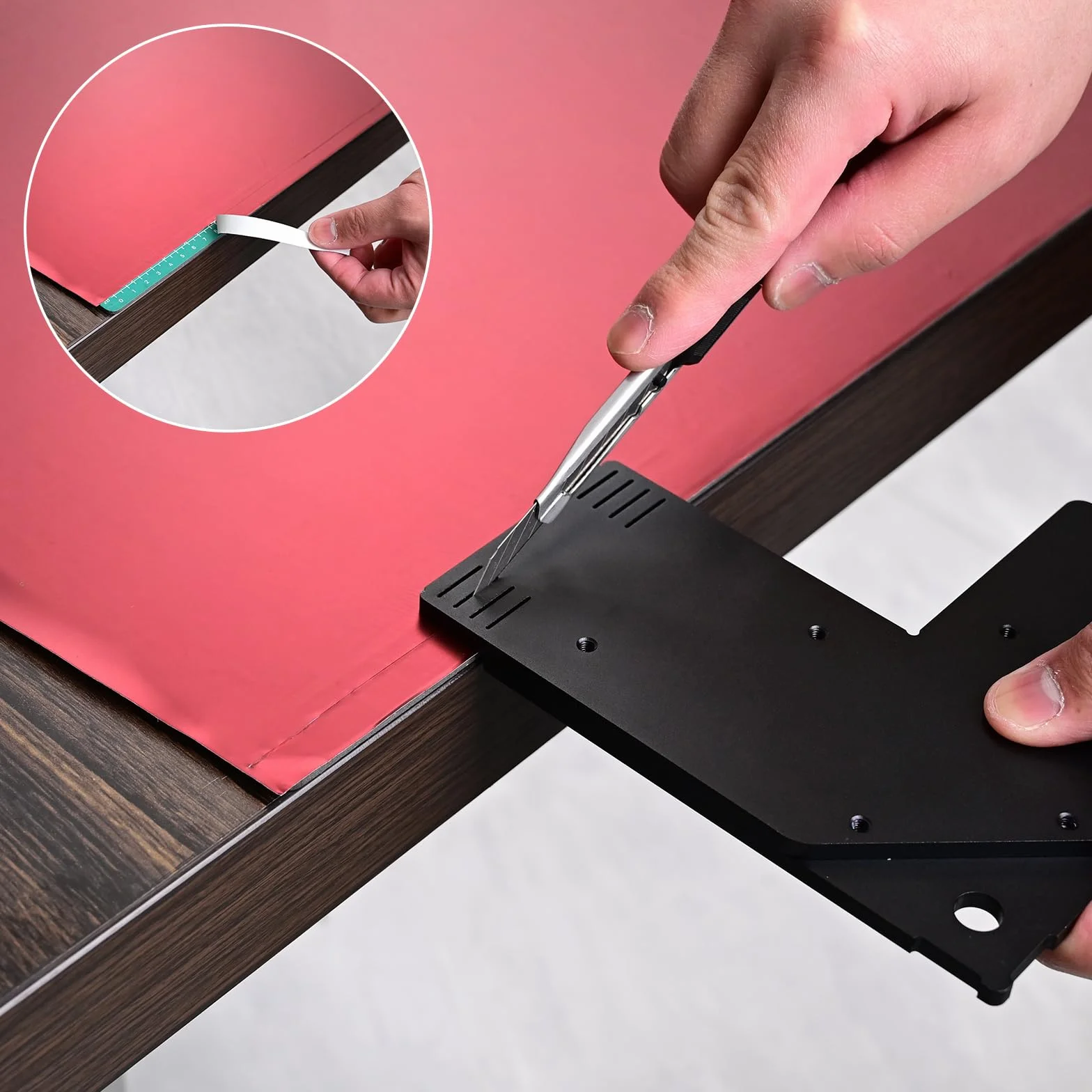 FOSHIO Tappetino da taglio in alluminio modello di taglio a linea retta, modello di taglio Edge Wrap Cuttermess, righello per misura precisa, coltello a bordo regolabile, strumenti fissi per vi