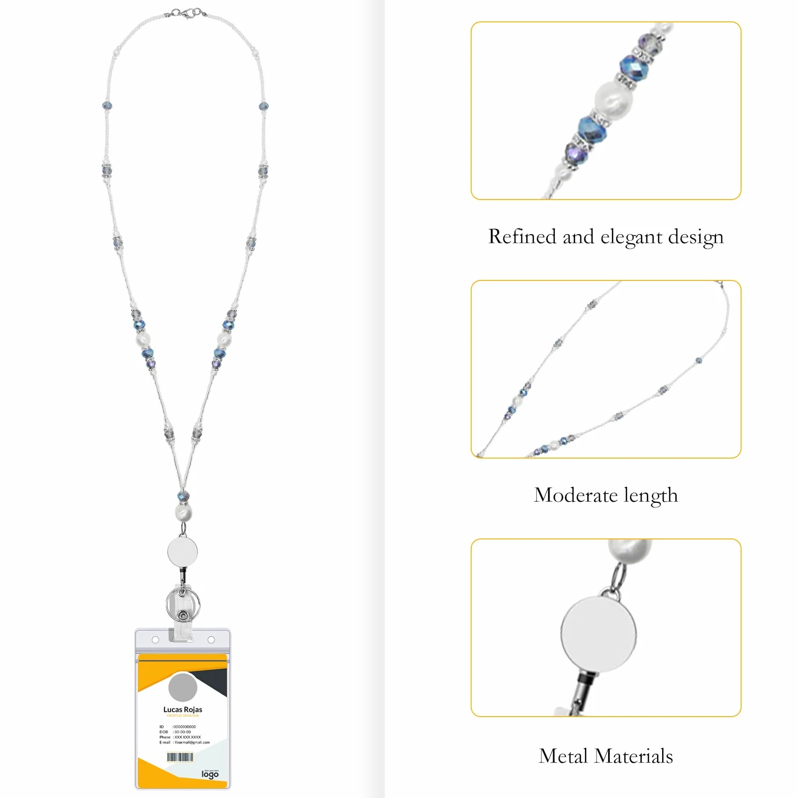Catena porta badge per dipendenti con cristalli e perle, Lanyard con titolare del badge