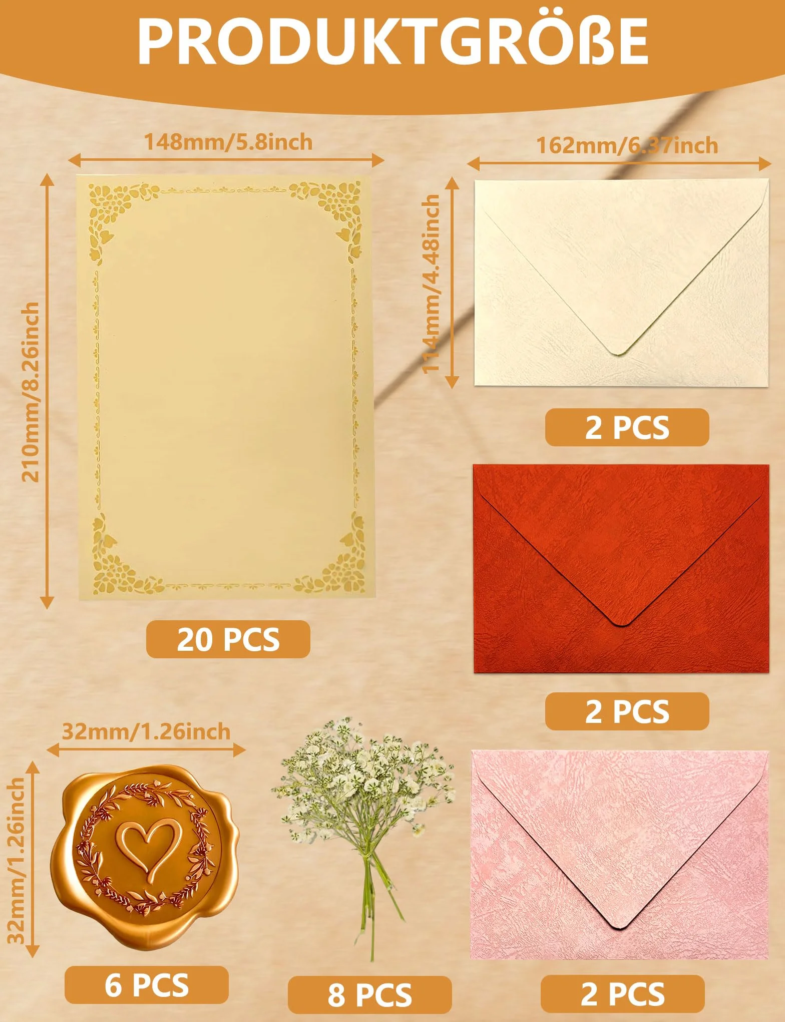 Set 75 Pezzi Carta da Lettere con Busta Pergamena Scrivere Buste Sigillo Ceralacca Oro Rosa Fiori Secchi Decorativi