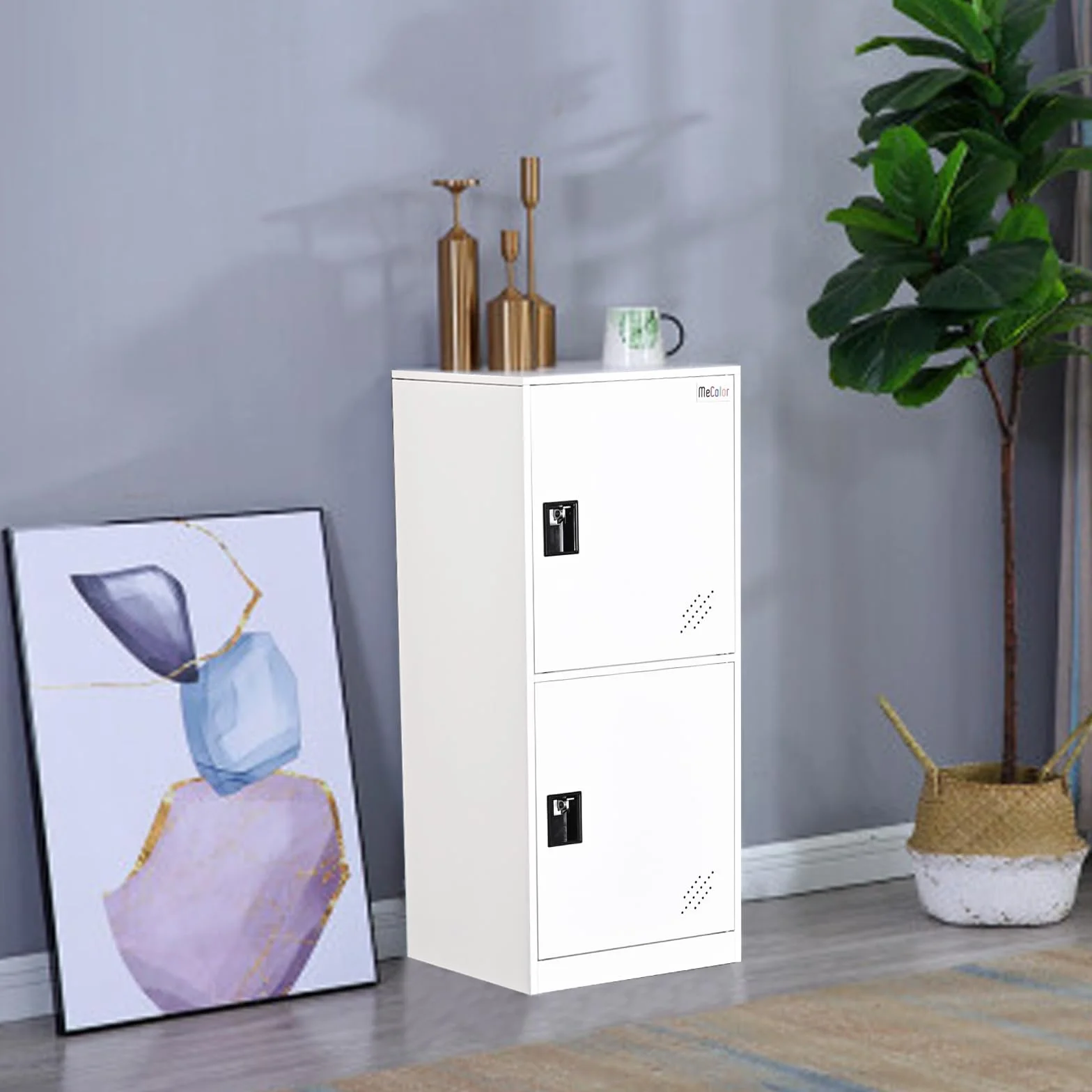 MECOLOR Armadietto verticale singolo con lucchetto a 2 o 3 scomparti per dipendenti, casa, ufficio, scuola, bambini (bianco pieno, P2V)
