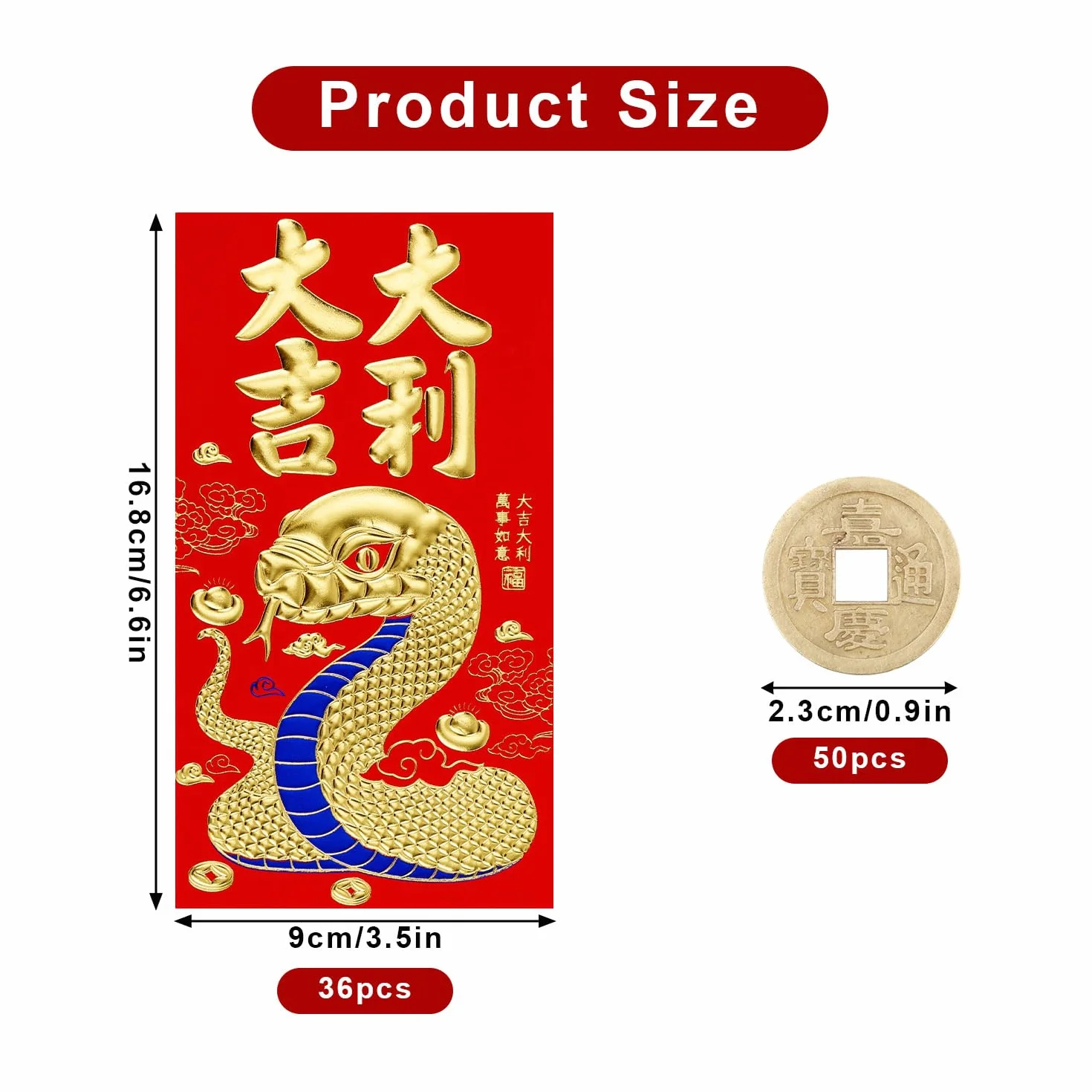 Buste Rosse per Capodanno Cinese 2025 con 50 Monete Feng Shui 16,8x9cm Hong Bao Serpente 6 Motivi Rilievo Dorati