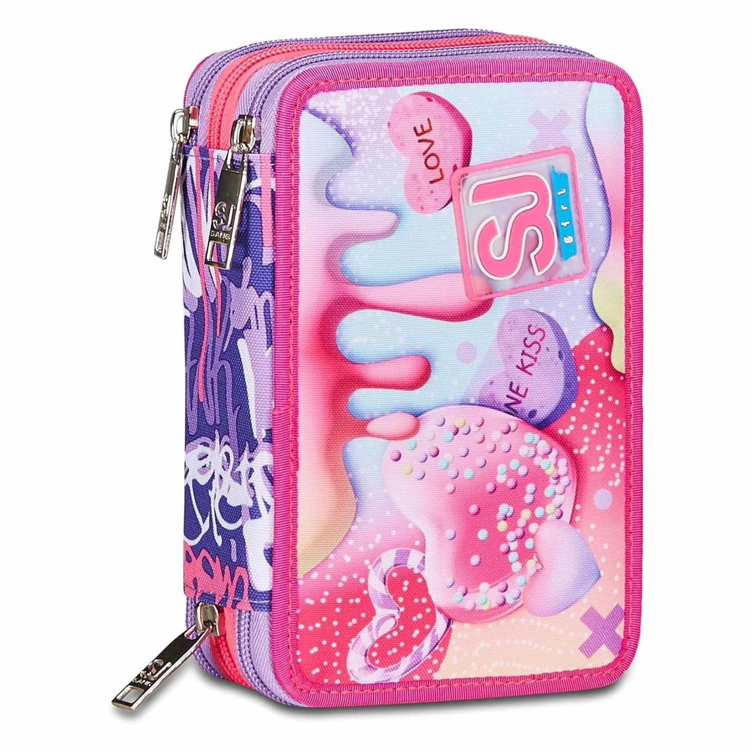 SJ Gang Astuccio Scuola 3 Zip, Rosa, Sphere Full Girl, Portapenne Triplo Scomparto Completo Di Penne, Matite, Colori, Accessori Zaino, Elementari, Medie, Bambina
