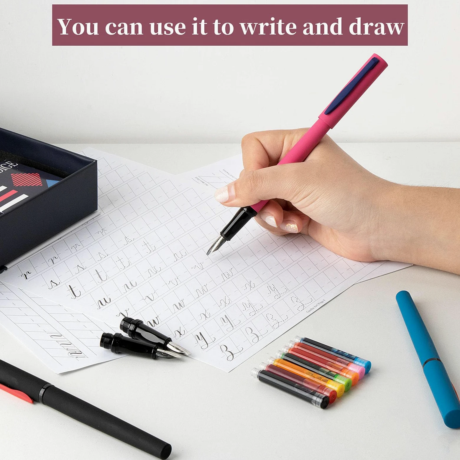 Set di penne per calligrafia, 7 pennini intercambiabili, 60 cartucce d'inchiostro (12 colori), penne stilografiche per principianti, scrittura, disegno, biglietti di auguri e firme per