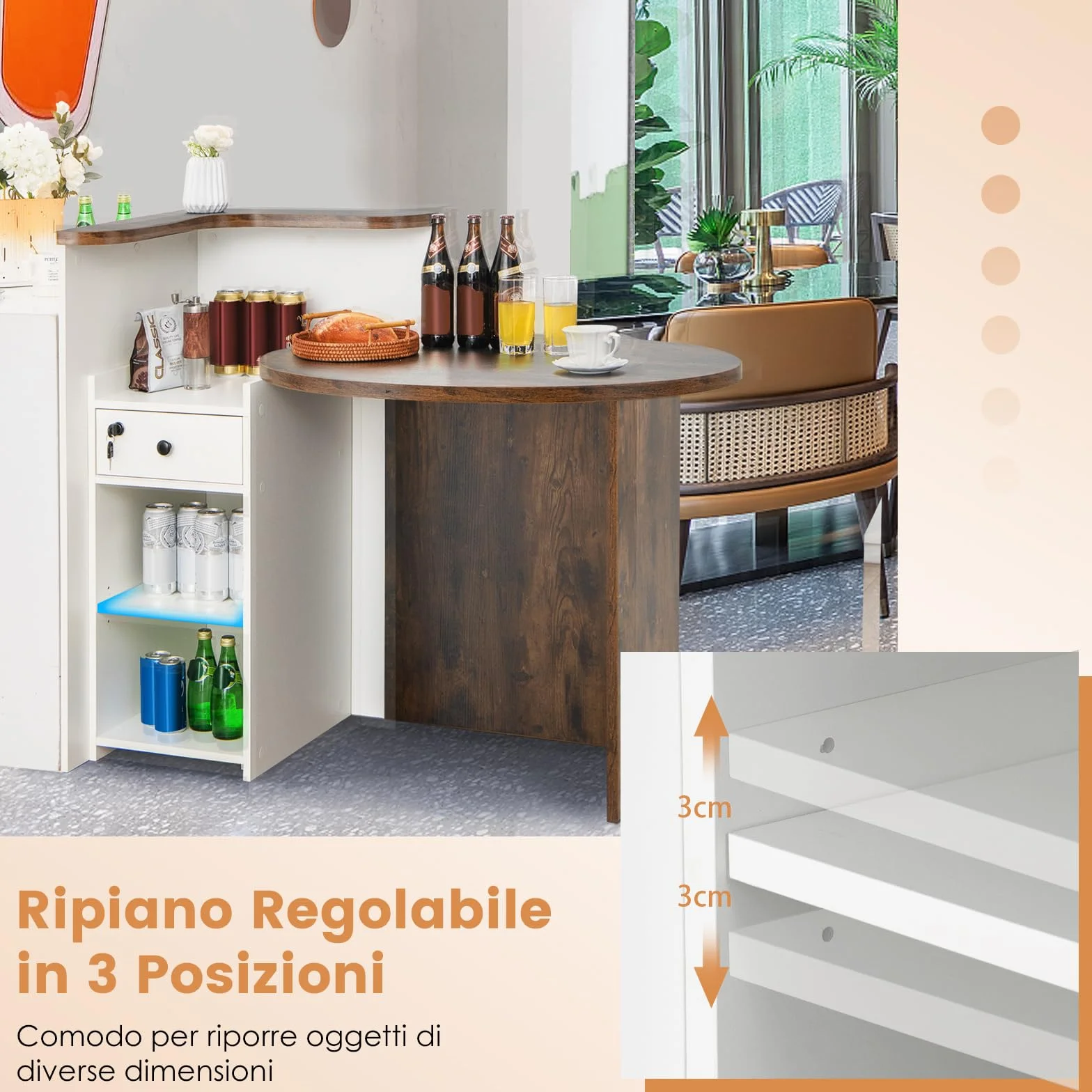 COSTWAY Banco Reception a Forma di L, Bancone per Cassa con Ripiano Regolabile e Cassetto Bloccabile, Piano Ovale, per Negozio, Salone e Ufficio, 120 x 55 x 100 cm (Marrone Rustico+Bianco)