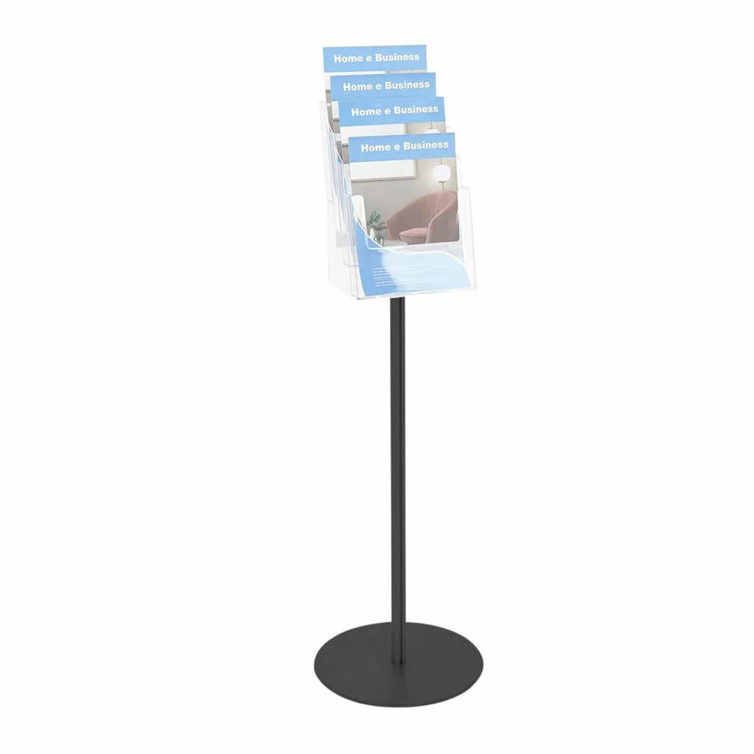 Danieli - Porta Depliant da Terra in Acrilico Trasparente A4 con 4 tasche, per Riviste e Brochure. Porta Volantini Resistente da Utilizzare come Espositore per Ufficio e Negozi. (Alluminio Nero)