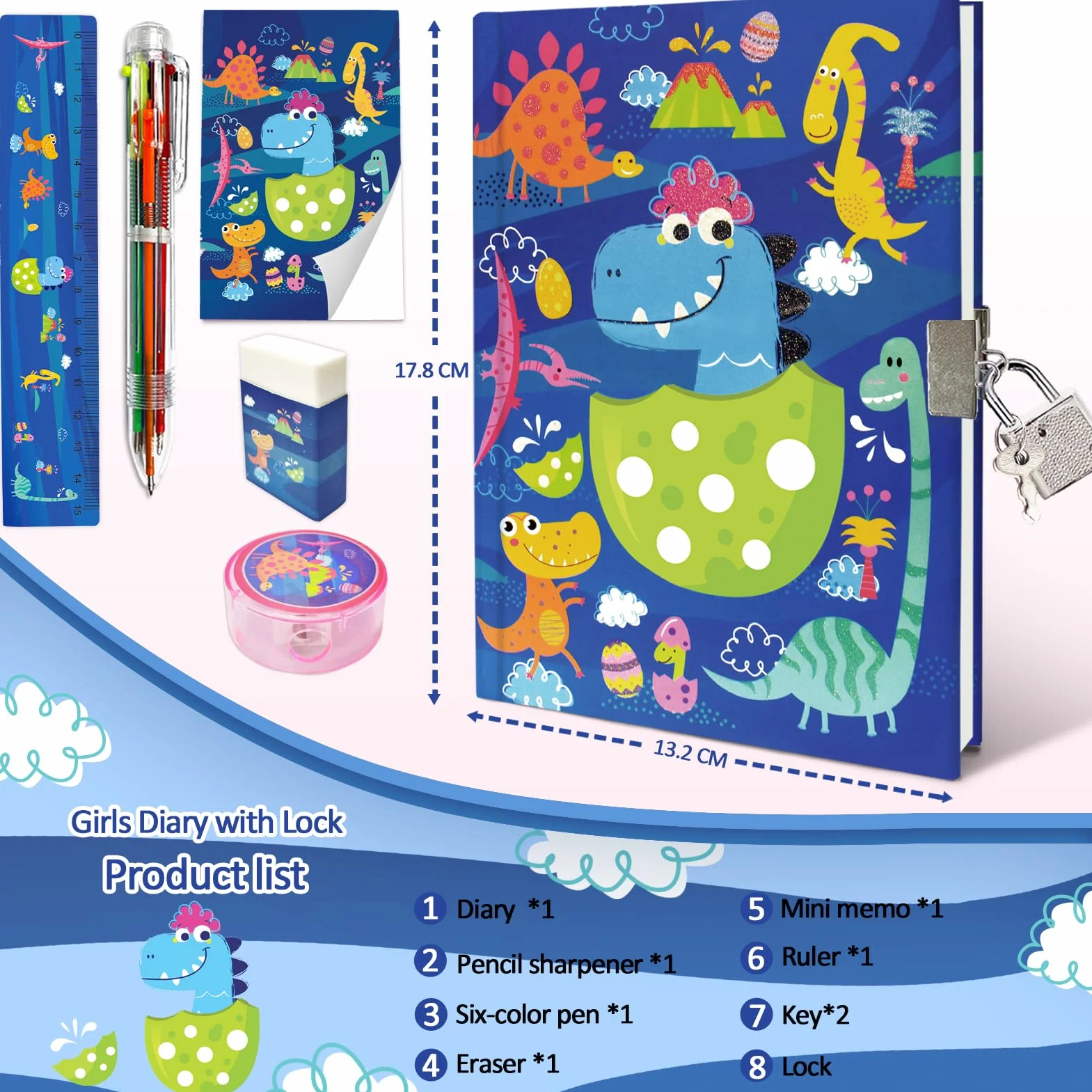 Zestaw Diario Segreto Bambino Blu Dinosauro z Lucchetto, Penna 6 Kolorów, Mini Notes, Righello, Temperamatite dla Dzieci 6-10 Lat