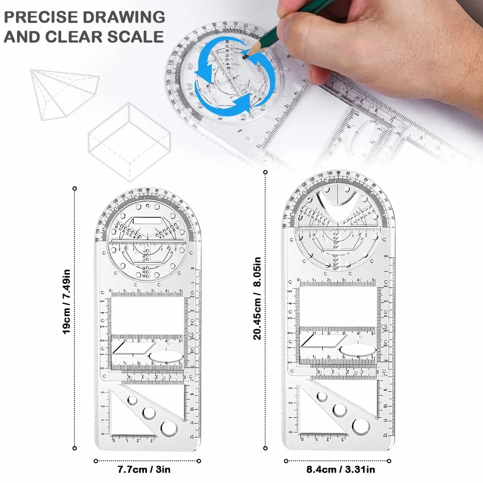 Vicloon 2Pcs Righelli Geometrici Multifunzionali con Matita, Stencil da Disegno Geometrico per Scuola e Ufficio
