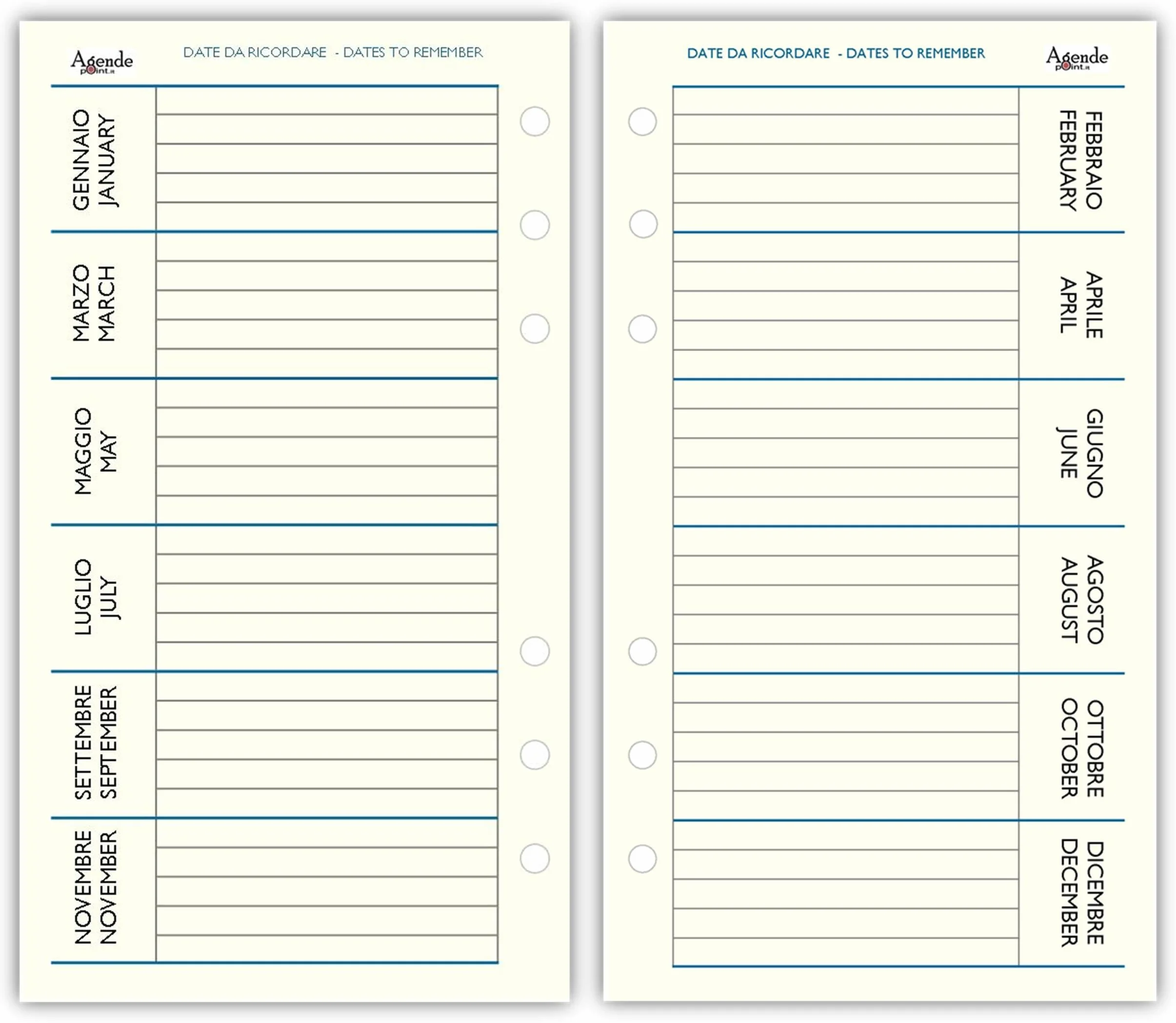 Ricambio Agenda Organizer Settimanale 2027, Bilingue, 9,5x17cm, 90gr, Avorio