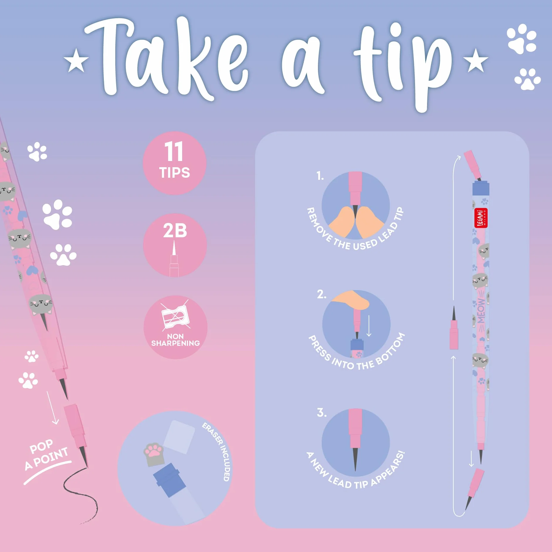 Legami Matita Impilabile Take a Tip Kitty 11 Mine 2B Senza Temperamatite Gomma TPR ABS