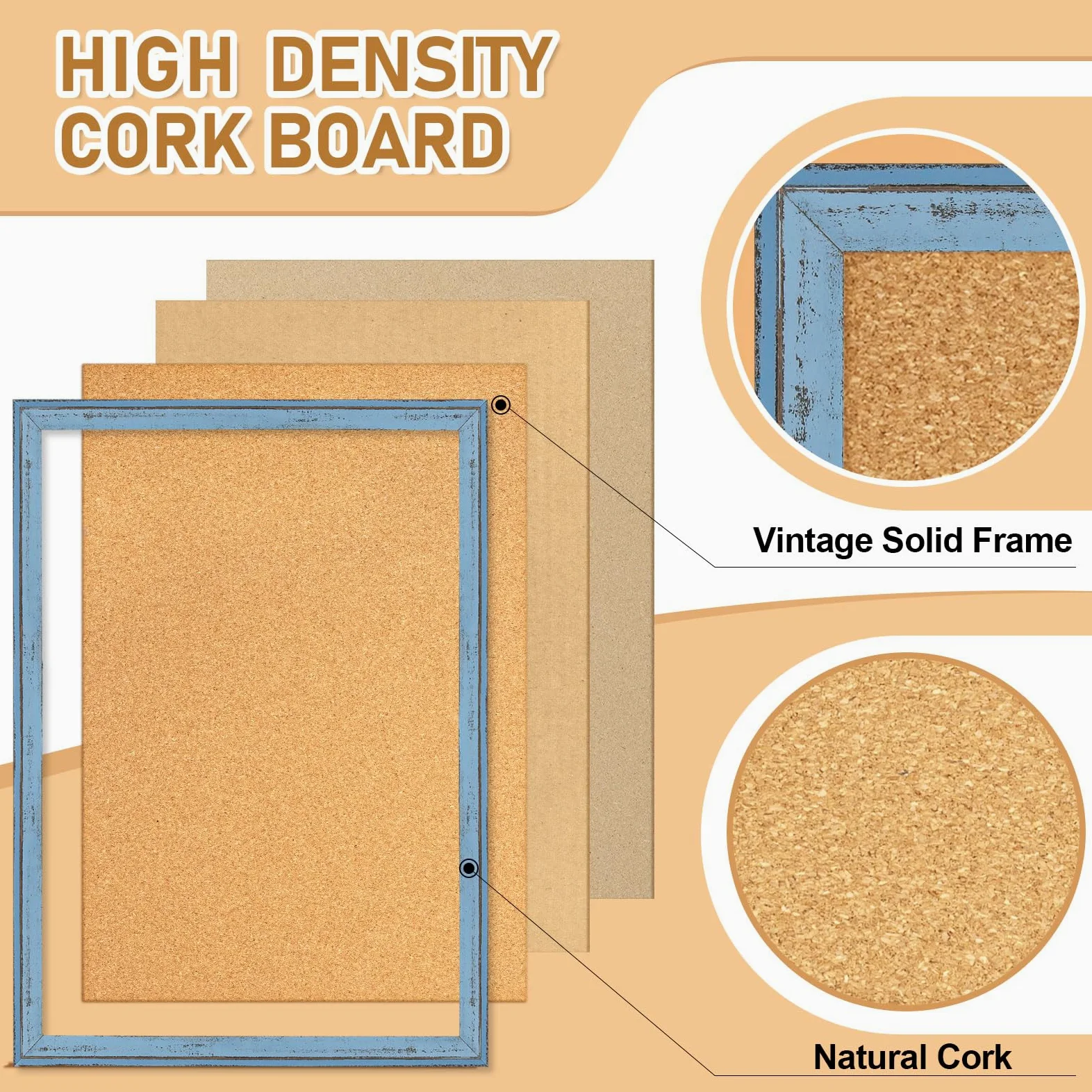 DOLLAR BOSS Bacheca in sughero per pareti, 61 x 45 cm, bacheca decorativa da appendere, cornice in legno, bacheca per avvisi per ufficio e decorazione domestica, blu