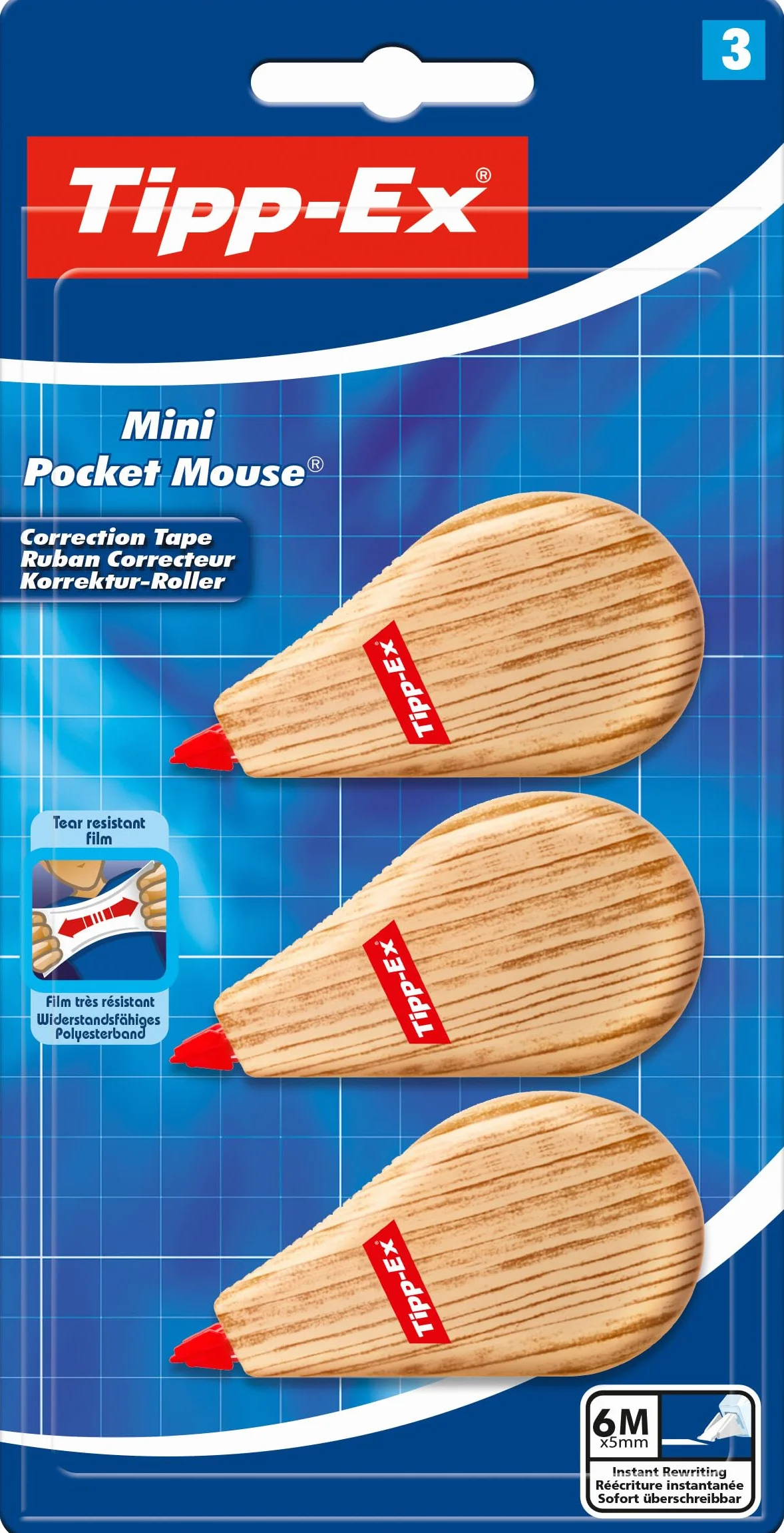 Tipp-Ex Mini Pocket Mouse Correttori a Nastro 6 m x 5 mm Design Effetto Legno Confezione da 3