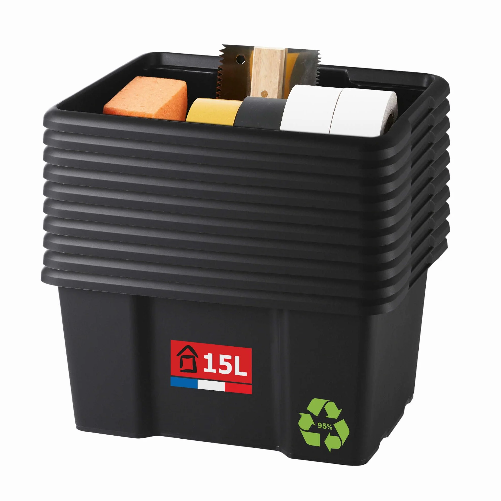 Sundis set di 10 scatole portaoggetti da 15L, nero, L.38xl.29x H19,5cm, in plastica riciclata, impilabili, ideale per l'officina, il bricolage o il trasporto