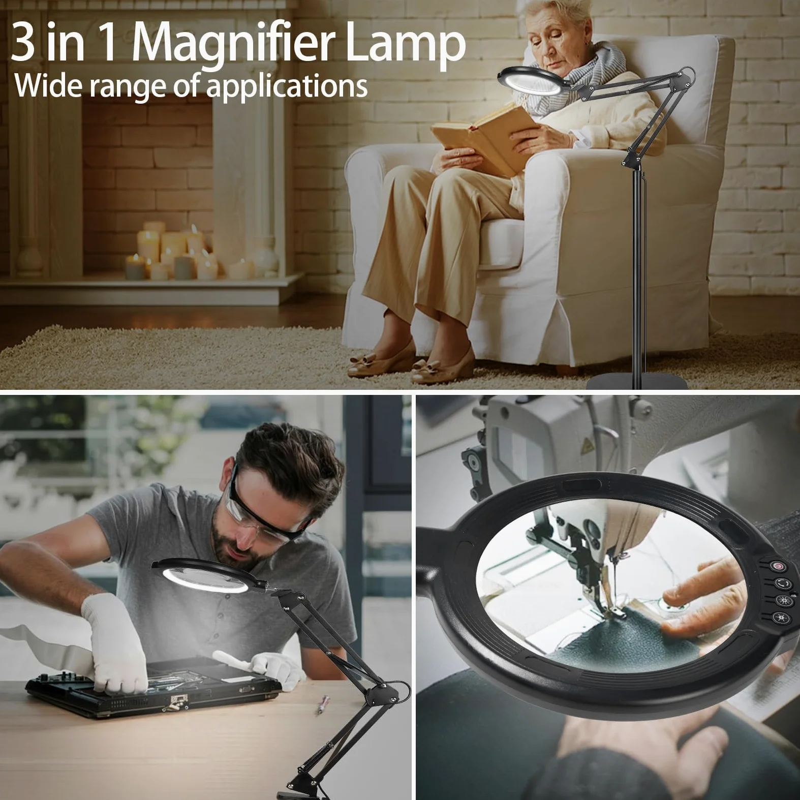 12 X lente d'ingrandimento da pavimento con luce e supporto, flessibile, braccio girevole con 54 LED, 5 modalità di colore a intensità variabile, lente d'ingrandimento libera illuminata per lettura,