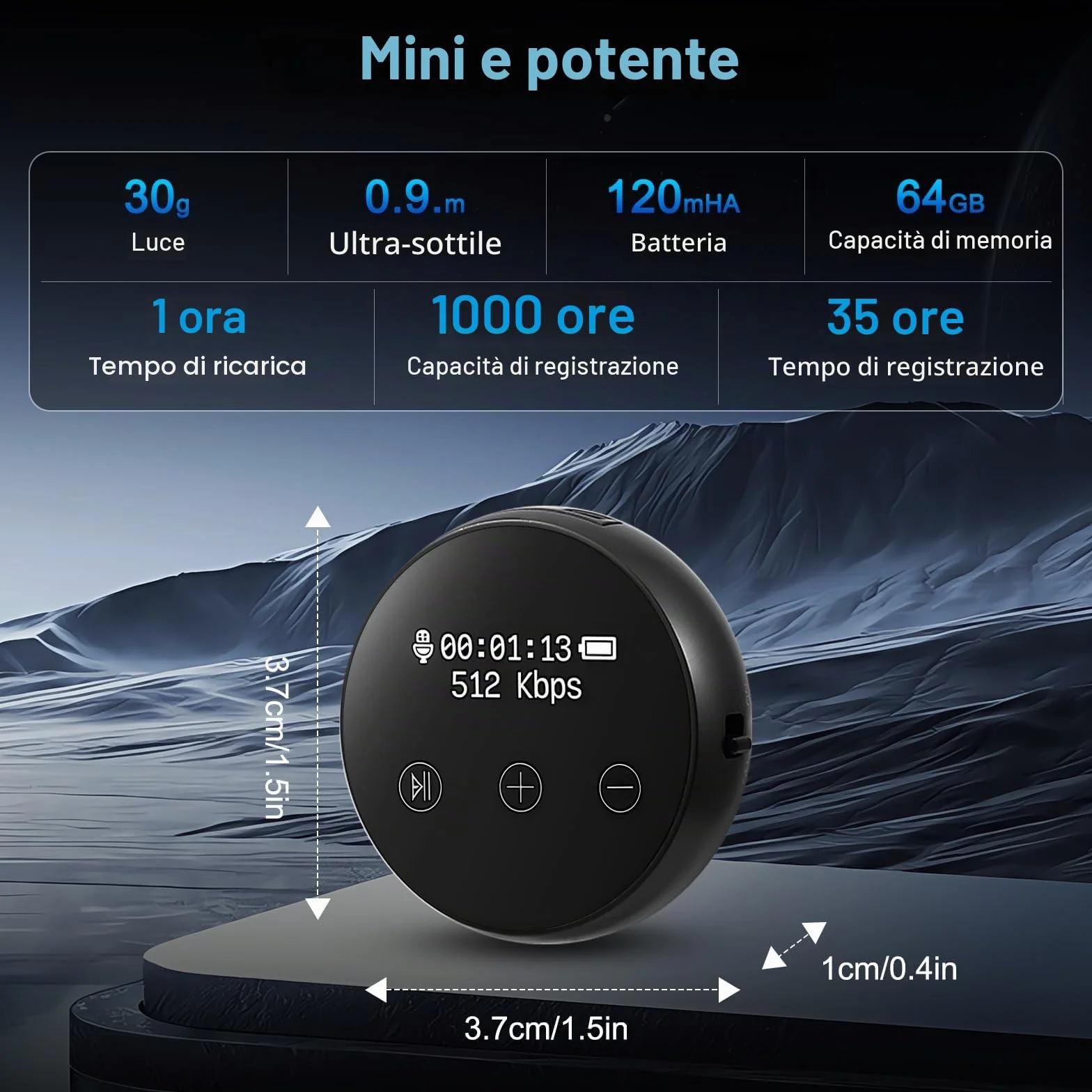 Dittafono digitale, 64 GB, 3072 Kbps, attivazione vocale, riduzione del rumore, ricarica USB, magnetico