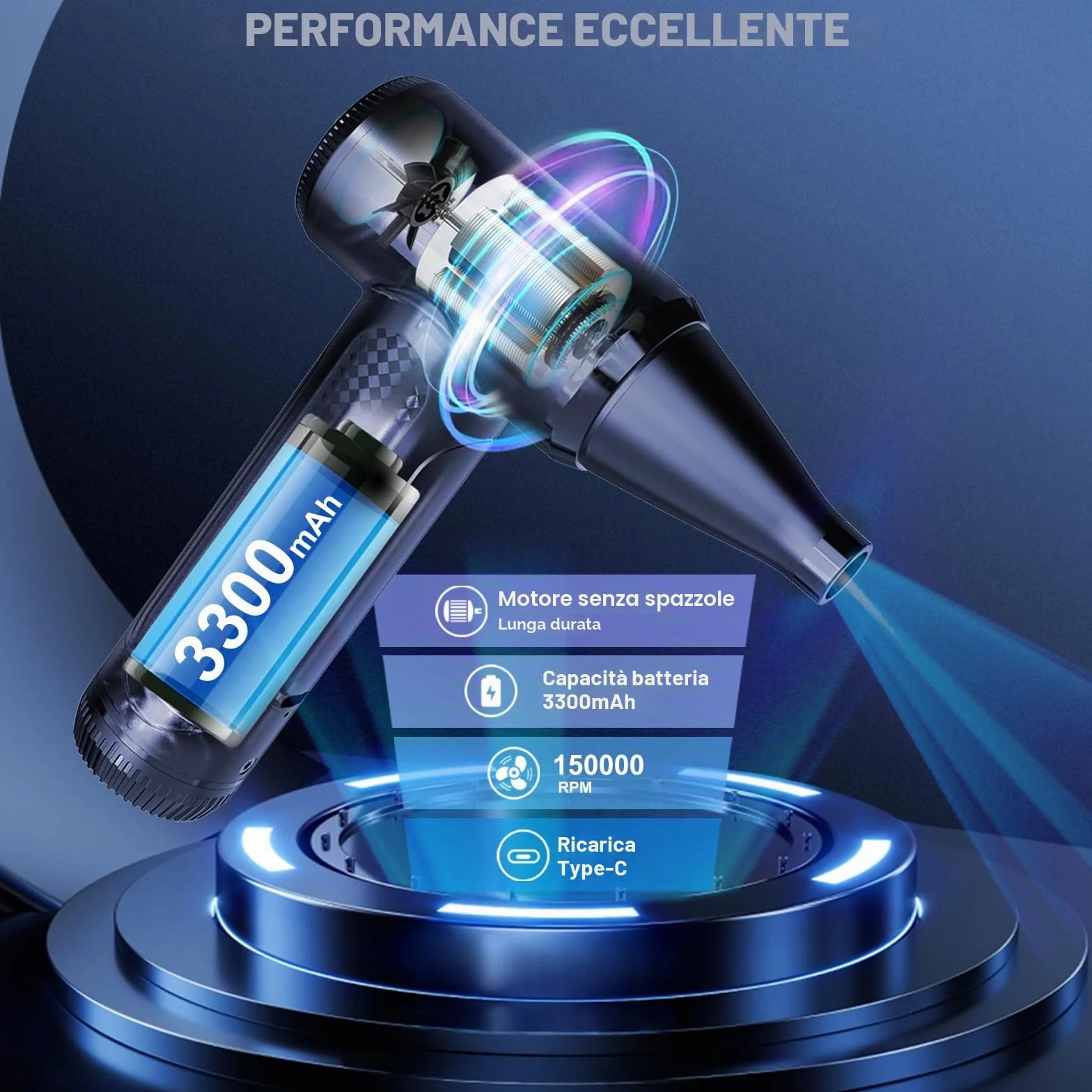Soffiatore ad Aria Compressa, Pejevir 3 Velocità 150000 Giri/Min Elettrico Rimuovi Polvere Aria Compressa, Type-C Ricaricabile, Aria Compressa Elettrico per Pulizia del PC Divano Tastiera Auto