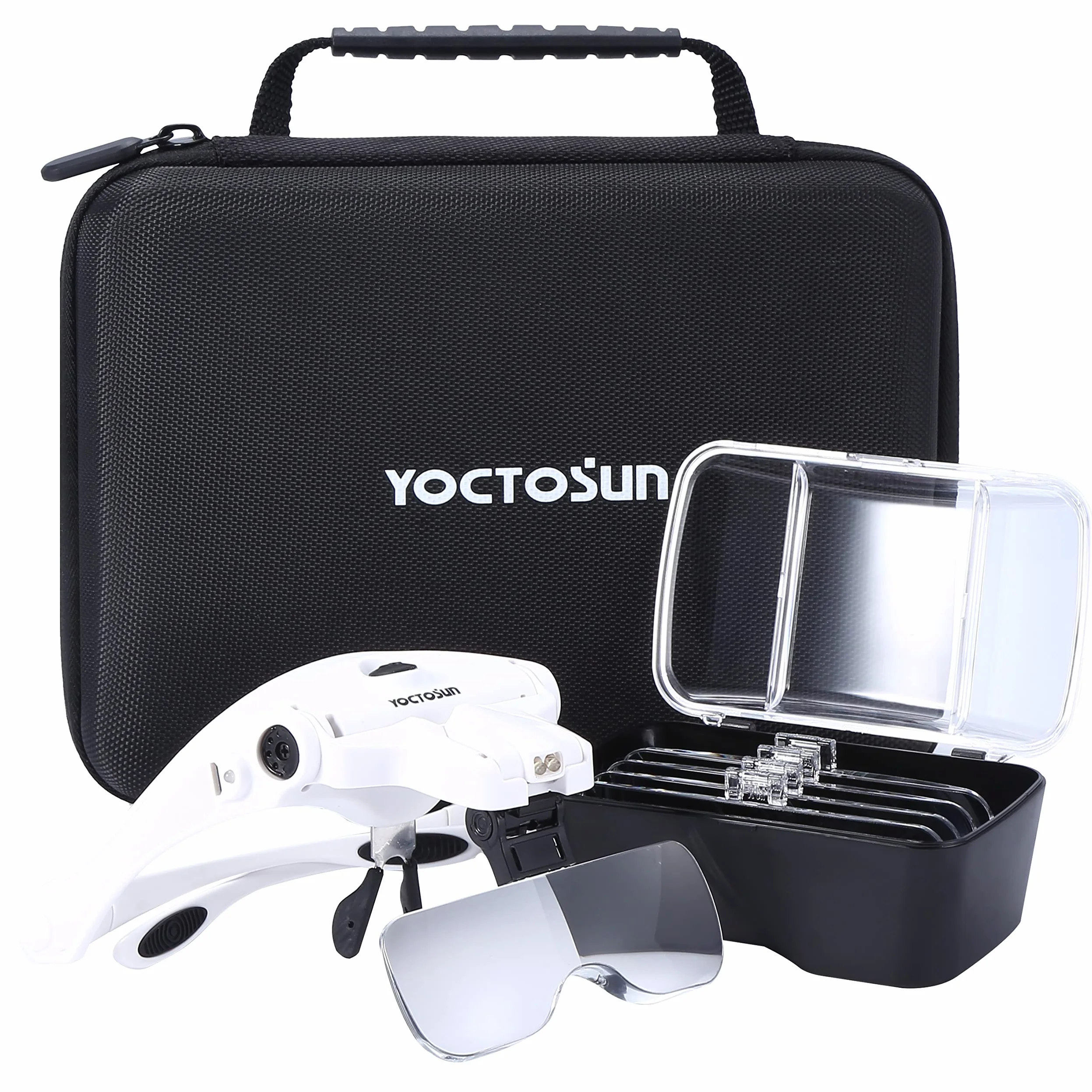 YOCTOSUN Lente d'ingrandimento con luce, lente d'ingrandimento con 5 lenti, fascia, custodia, testa illuminata a LED per mani libere, per lavori ravvicinati, hobby e artigianato