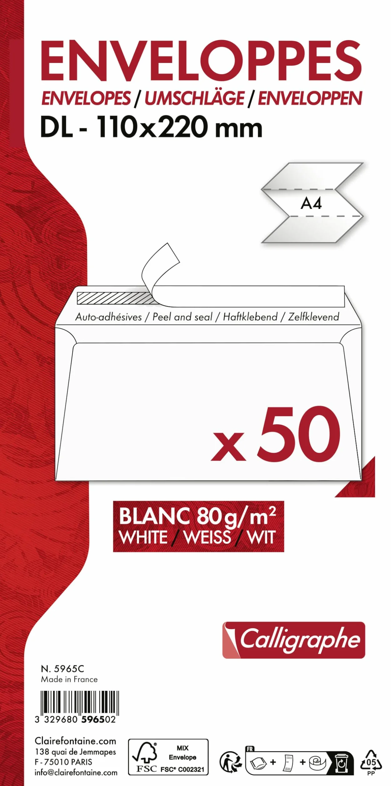 Calligraphe Clairefontaine 5965C Koperty DL 110x220mm 80g/m² Samoprzylepne 50 szt.
