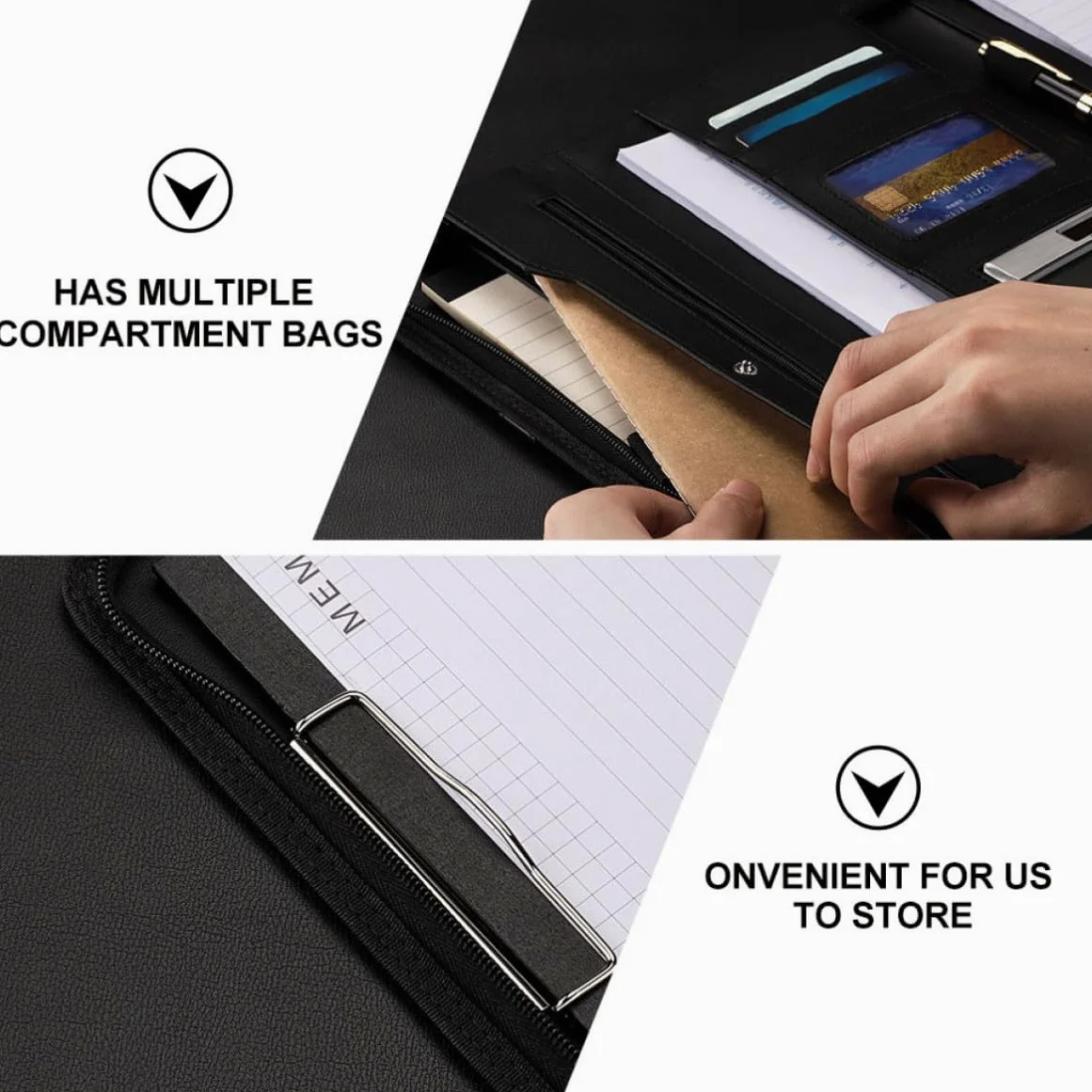 USHOBE Cartella Porta Documenti A4 con Zip e Manico in Pu Elegante e Leggera, con Scomparti per Ufficio e Protezione Contenuti, per Riunioni e Lavoro Professionale