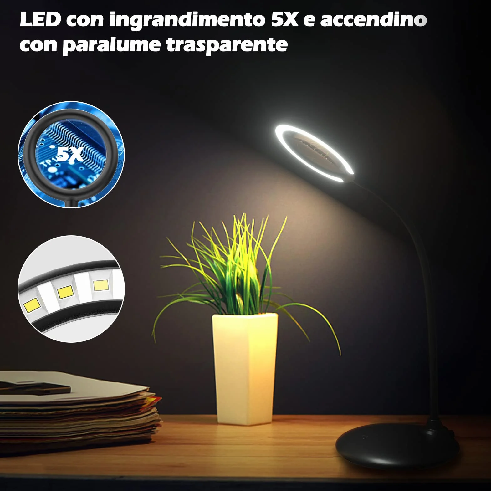 Lente d'ingrandimento ricaricabile 5X con luce e supporto, lente d'ingrandimento illuminata DUDSOEHO a mani libere per lettura, anziani, hobby, artigianato
