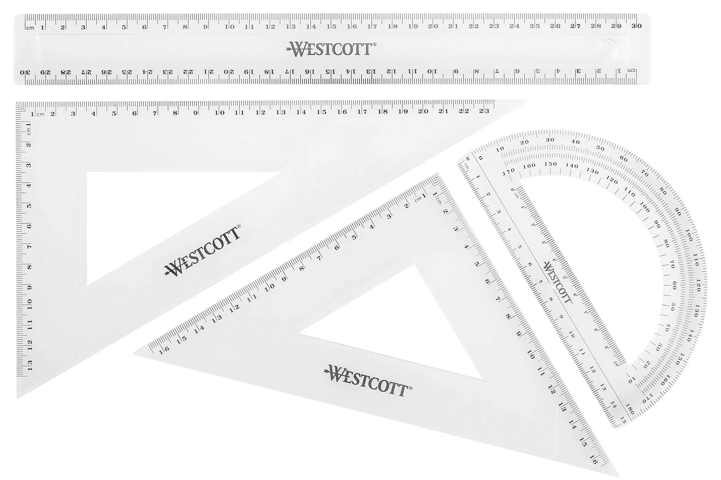 Westcott Set geometrico 4 pezzi righello 30 cm triangoli 45° 60° goniometro 180° plastica trasparente