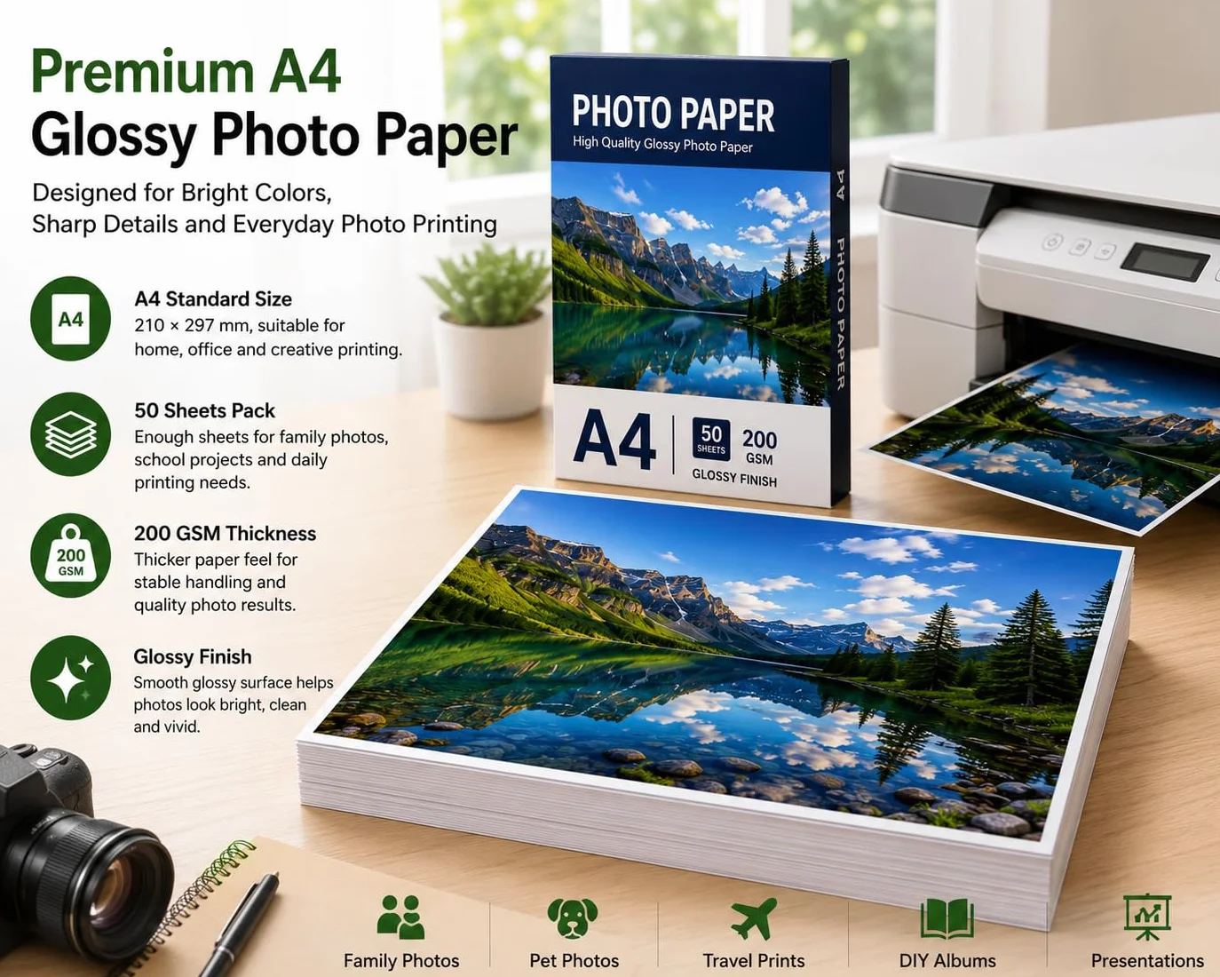Carta Fotografica A4 Lucida 200g/m² 50 Fogli Bianco Brillante