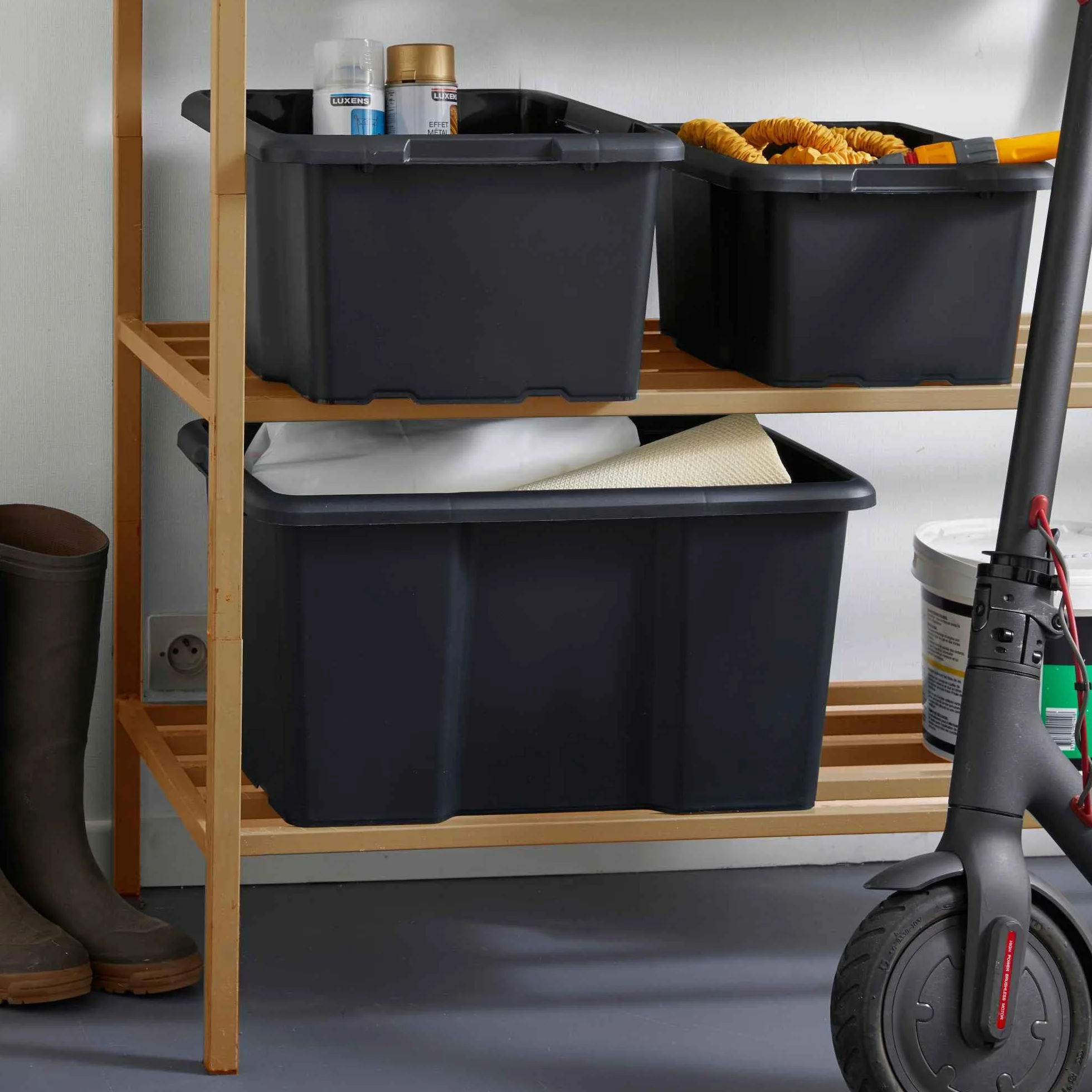 Sundis set di 10 scatole portaoggetti da 15L, nero, L.38xl.29x H19,5cm, in plastica riciclata, impilabili, ideale per l'officina, il bricolage o il trasporto