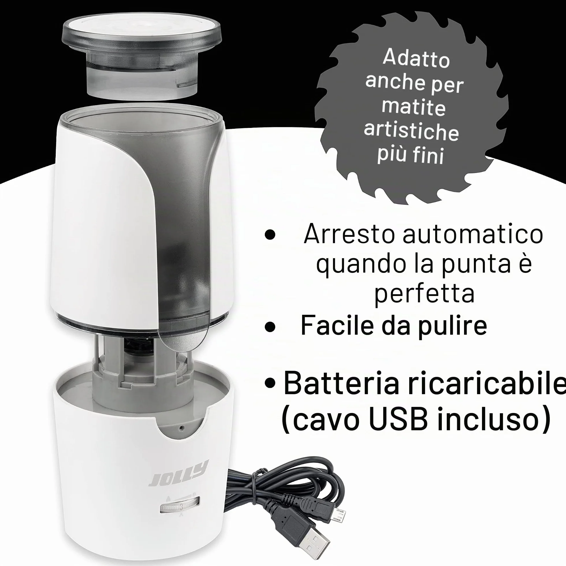 JOLLY Herbert Temperino elettrico Grande temperino elettrico per tutte le penne, anche per belle matite artistiche e matite integrali con arresto automatico bianco