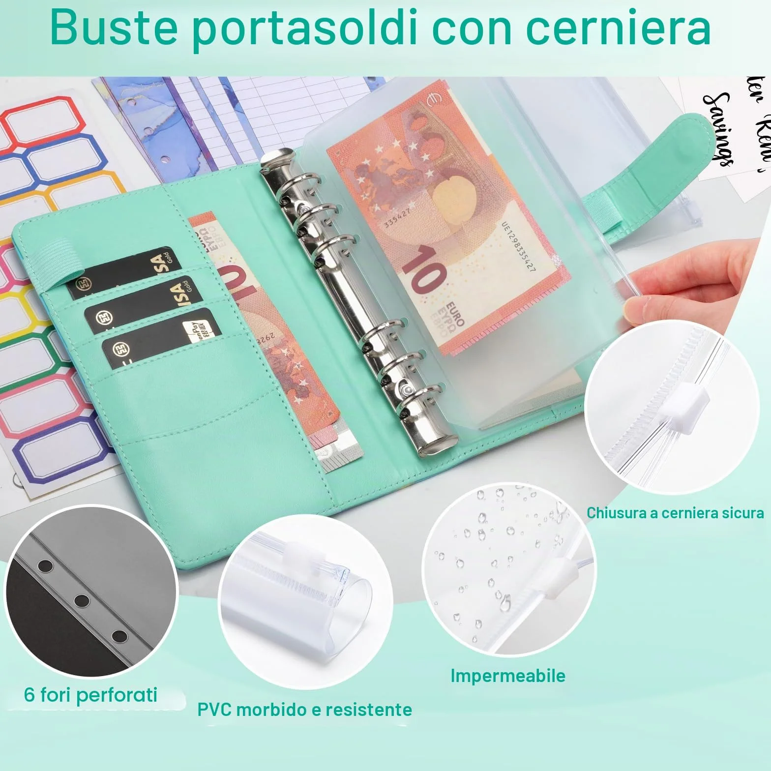 Raccoglitore ad Anelli A6 Budget Binder Pianificatore Risparmio Soldi con Buste e Fogli Bilancio Verde