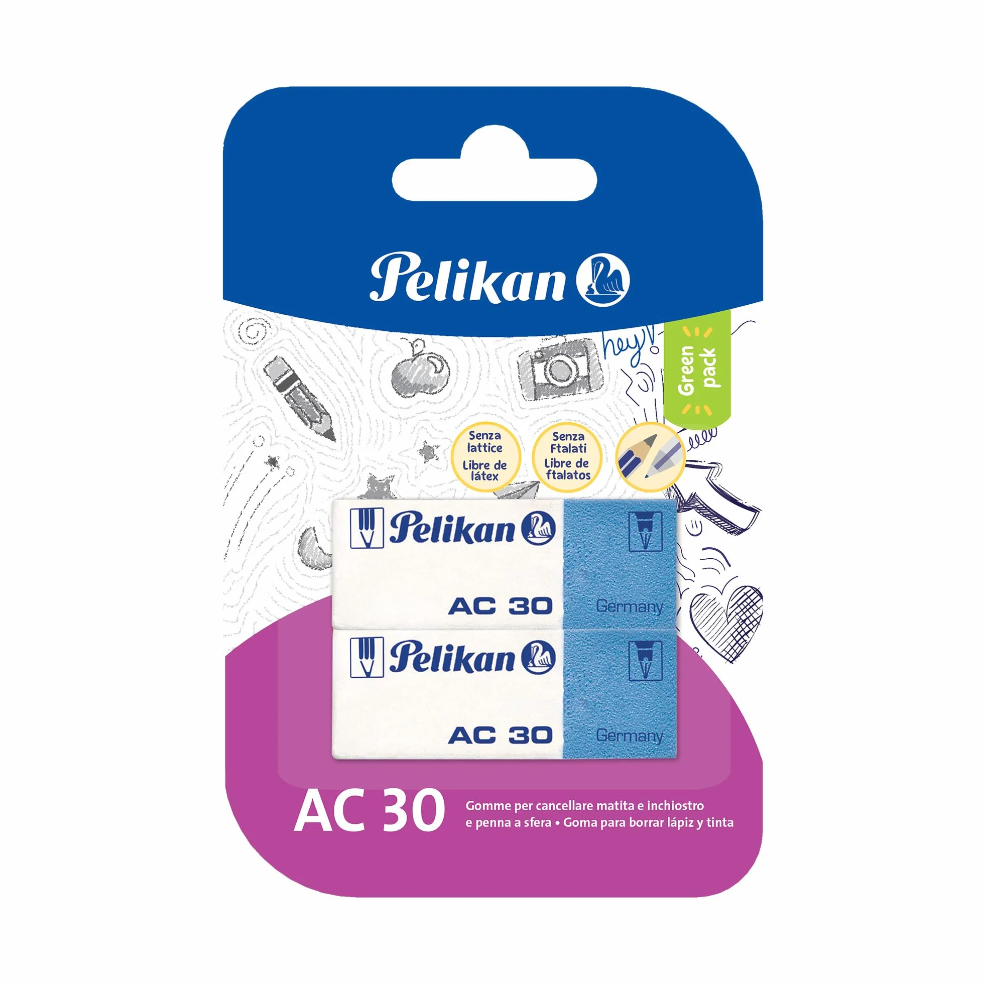 Pelikan Gomma AC 30 Bianca e Blu Cancellare per Disegno Tecnico e Scolastico, Matita e Inchiostro, 2 Pezzi