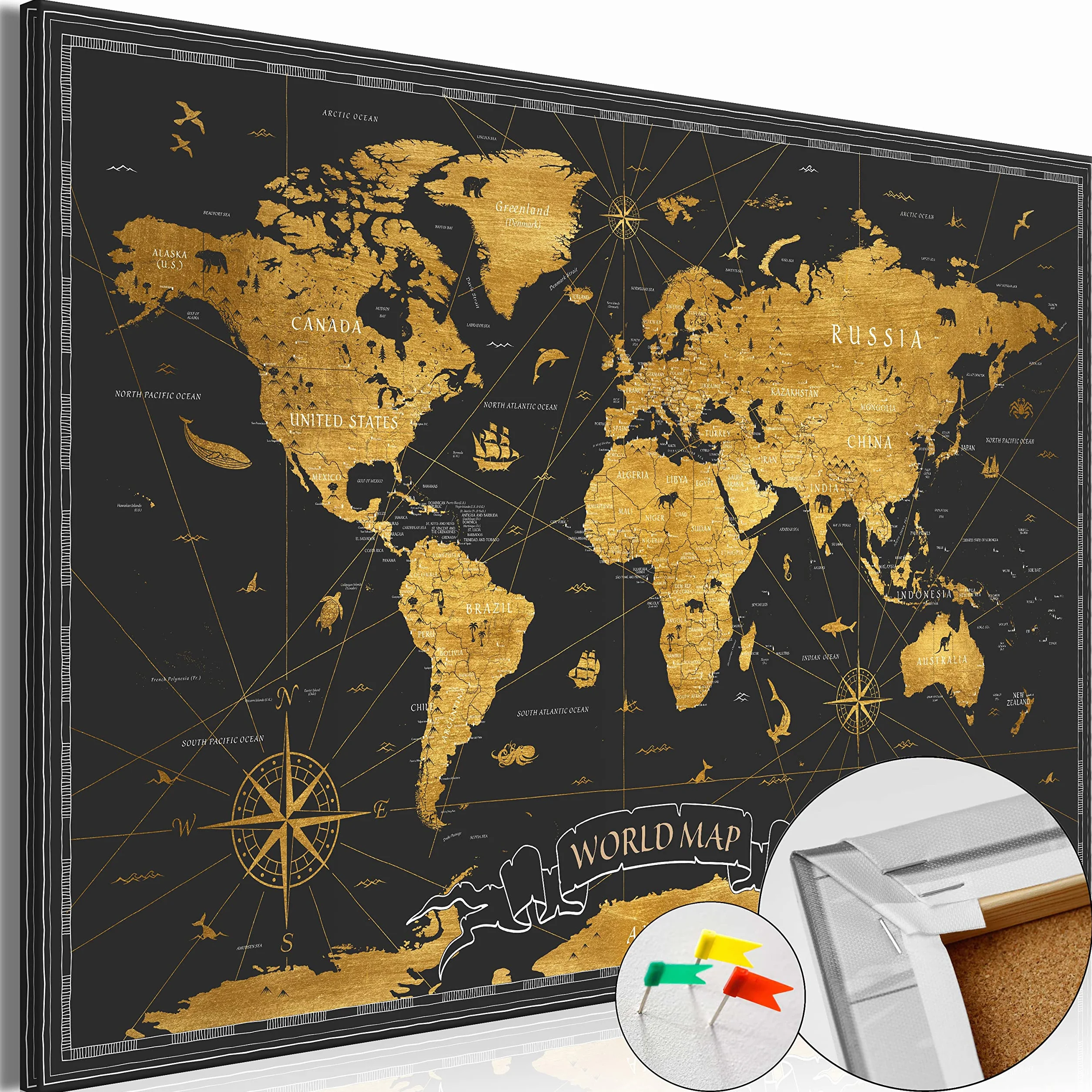 murando - Lavagna Di Sughero per Puntine - Mappa Mondo 120x80 cm 1 Pezzo - Bacheca Sughero da Parete & Quadro su tela in un Uno - Grande Decorativo per Parete per le Note - Geografica k-A-0490-p-a