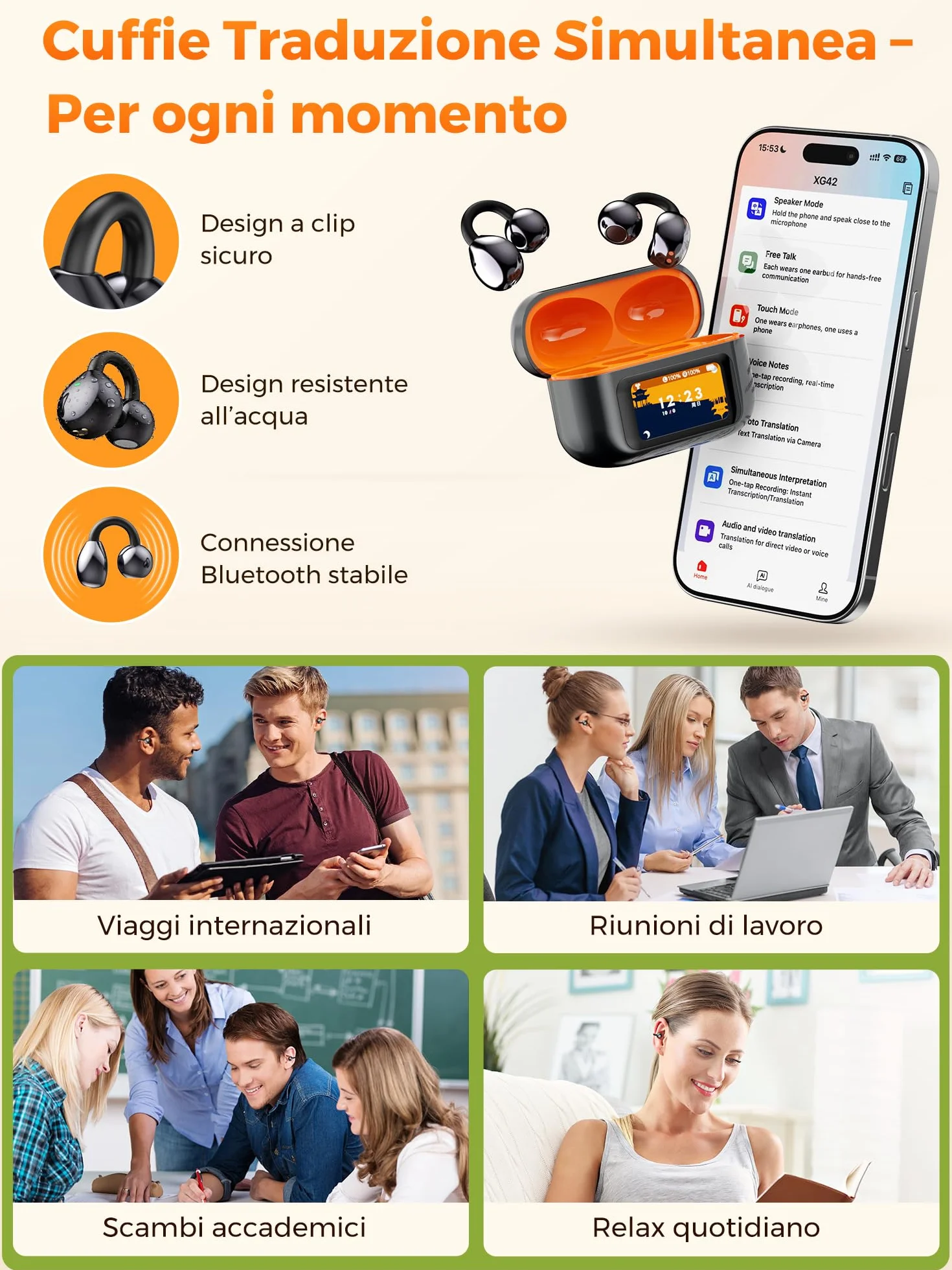 AI Cuffie Traduzione Simultanea Istantanea:3-In-1 Schermo LCD Touch Auricolari Traduttore Simultaneo-30H Autonomia Traduttore Simultaneo Vocale 159 Lingue 7 Modi Di Traduzione Per Viaggi Affari Studio