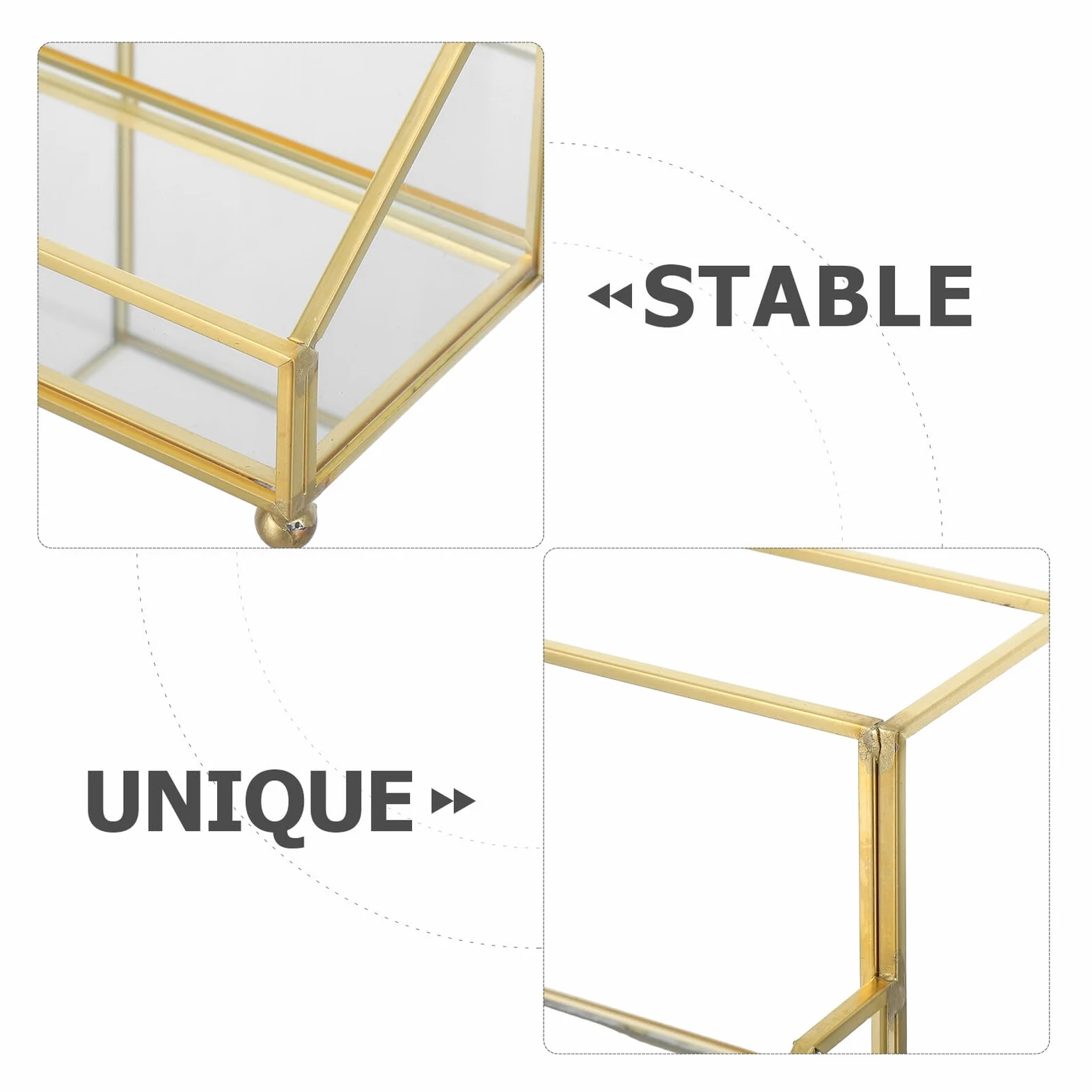 Scatola Porta Biglietti da Visita con Bordo Oro, Organizer Elegante | Vetro e Ferro, Formato Verticale da Tavolo, per Ufficio e Riunioni, Scambio Rapido delle Carte