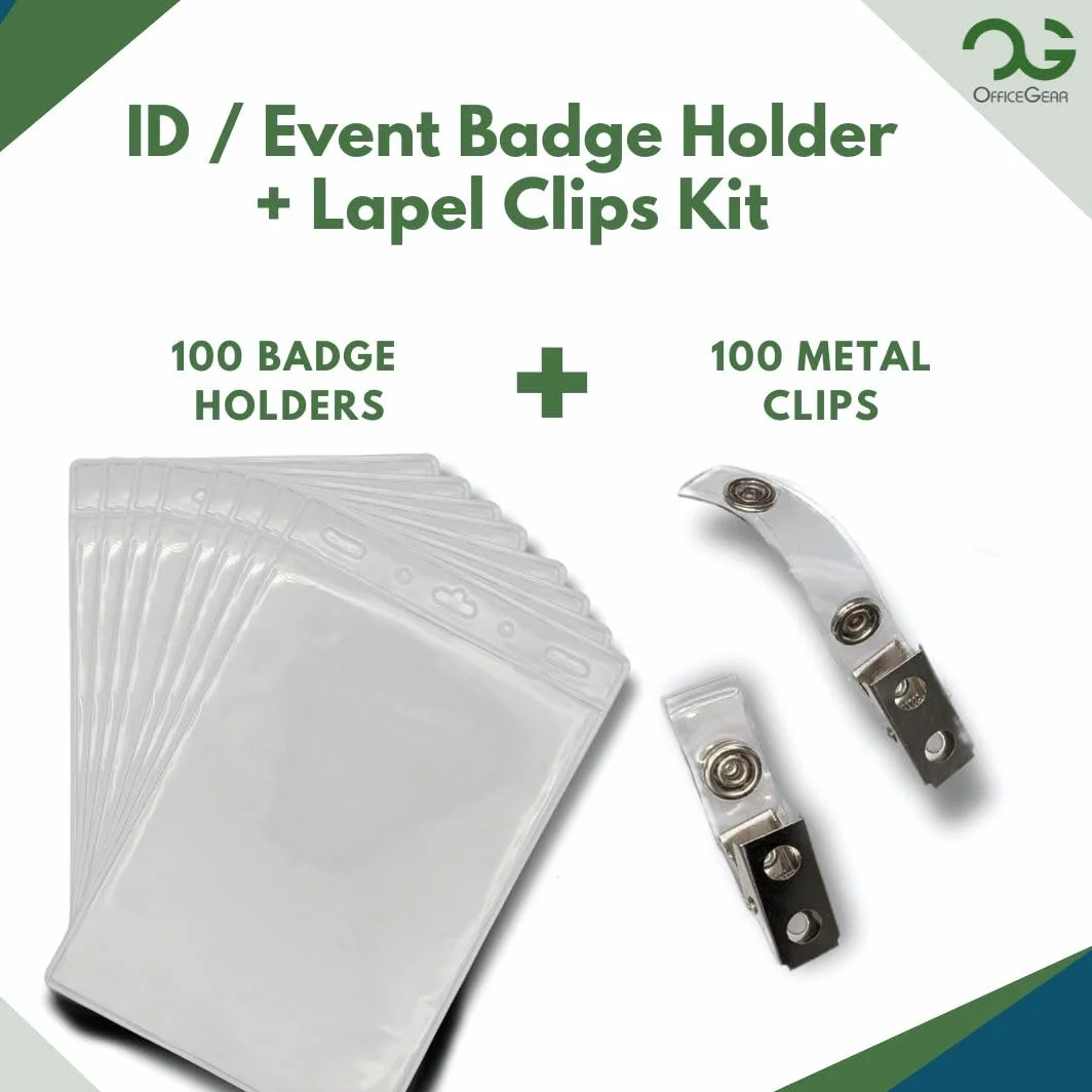 OfficeGear Porta badge per eventi [confezione da 100] da appendere verticalmente, formato A6 (105 x 150 mm) più 100 clip da bavero, parte superiore aperta per carte d'identità, passaporti, delegati