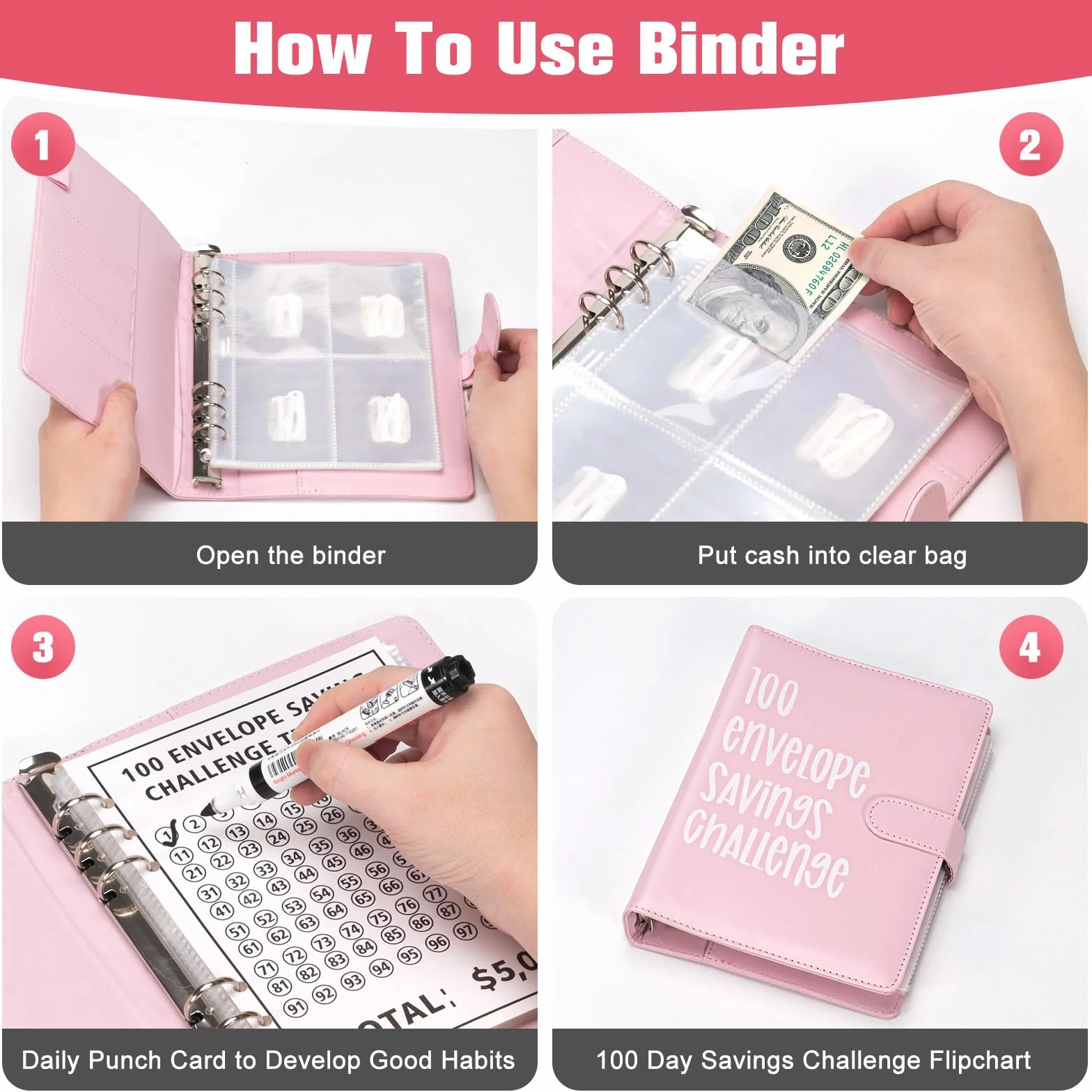 A5 Libro Del Risparmio, 100 Envelope Saving Challenge, Budget Planner Money Binder, Rosa