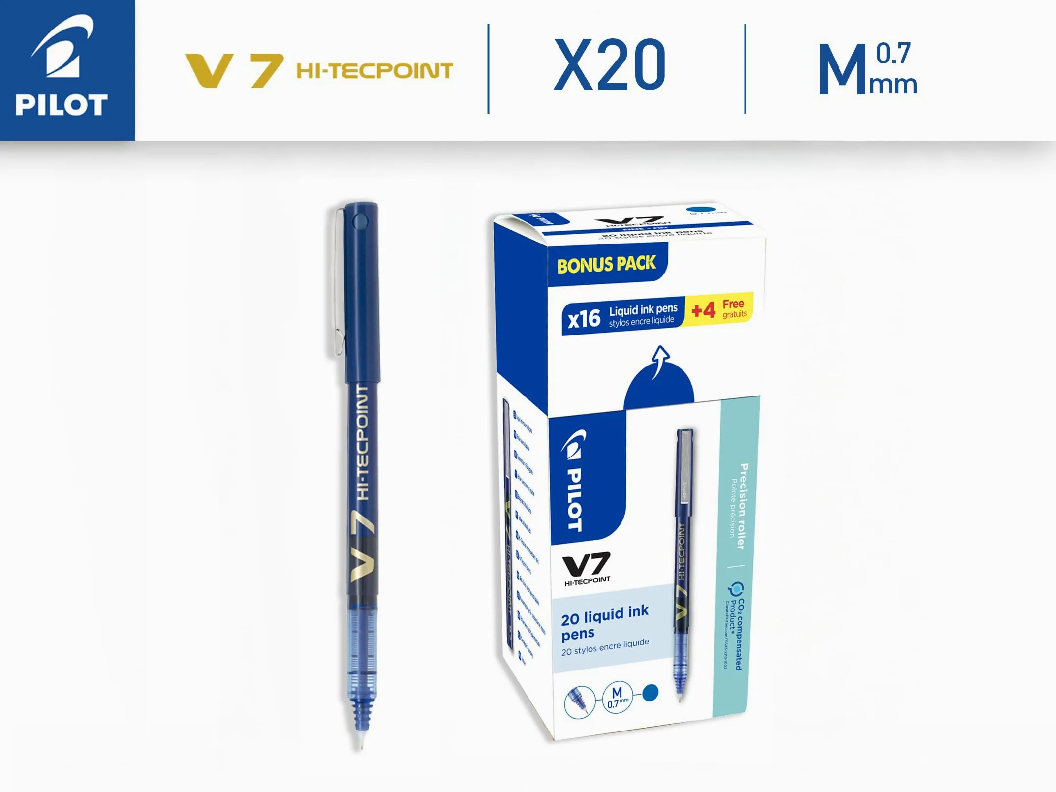 PILOT - Set di 20 V7 - Penne Roller con Inchiostro Liquido - Scrittura Fluida e Precisa - Asciugatura Rapida - Senza Sbavature - Blu - Punta Media 0,7 mm