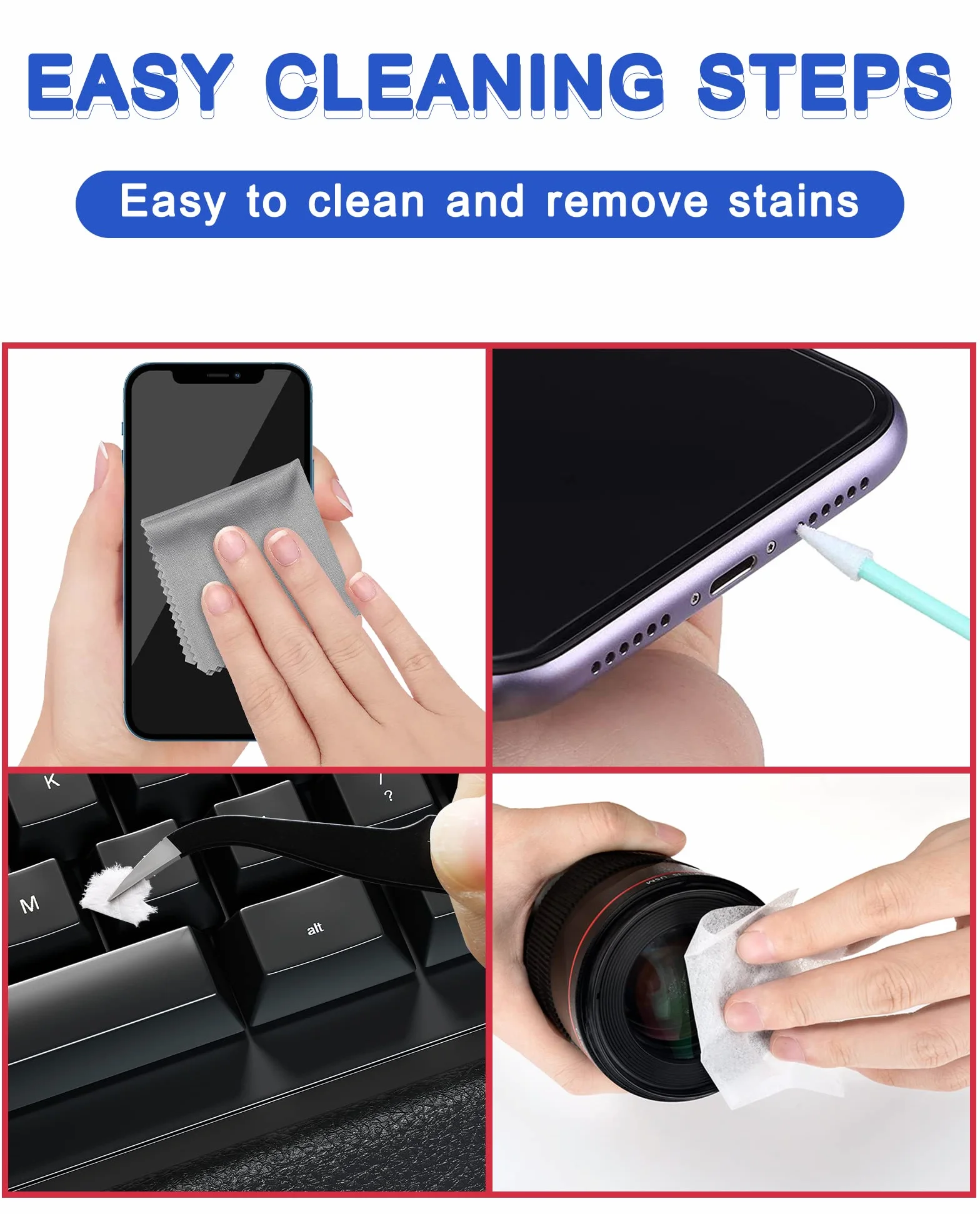 Kit di pulizia per iPhone 140 pezzi, kit di pulizia per Airpod con salviettine, kit di pulizia dello schermo per telefono, computer portatile, kit di pulizia per iPhone con panno in microfibra