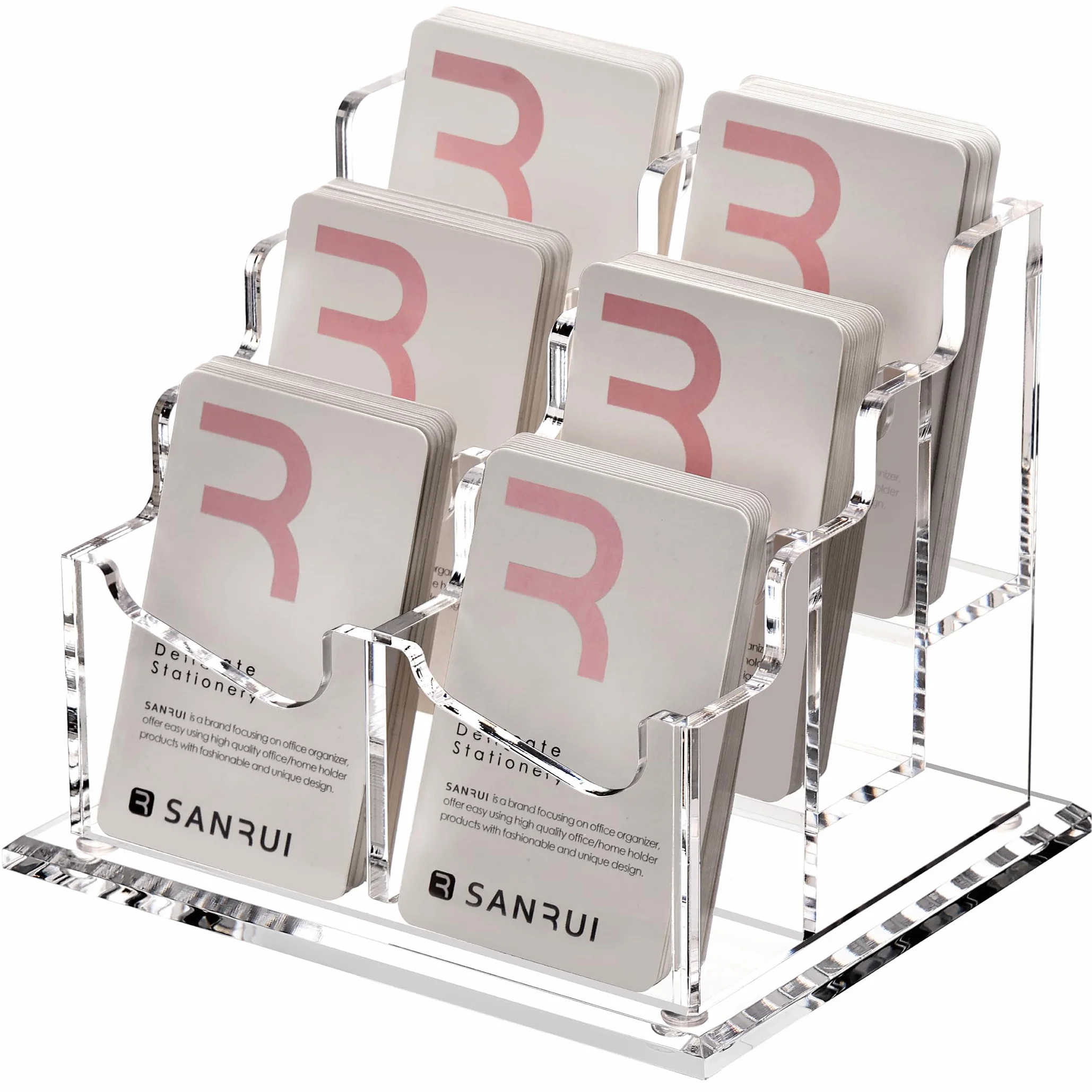 SANRUI Porta biglietti da visita verticale trasparente per scrivania, espositore da tavolo in acrilico, organizer per mostre, casa, ufficio, 3 ripiani, 6 tasche, capacità 360 carte