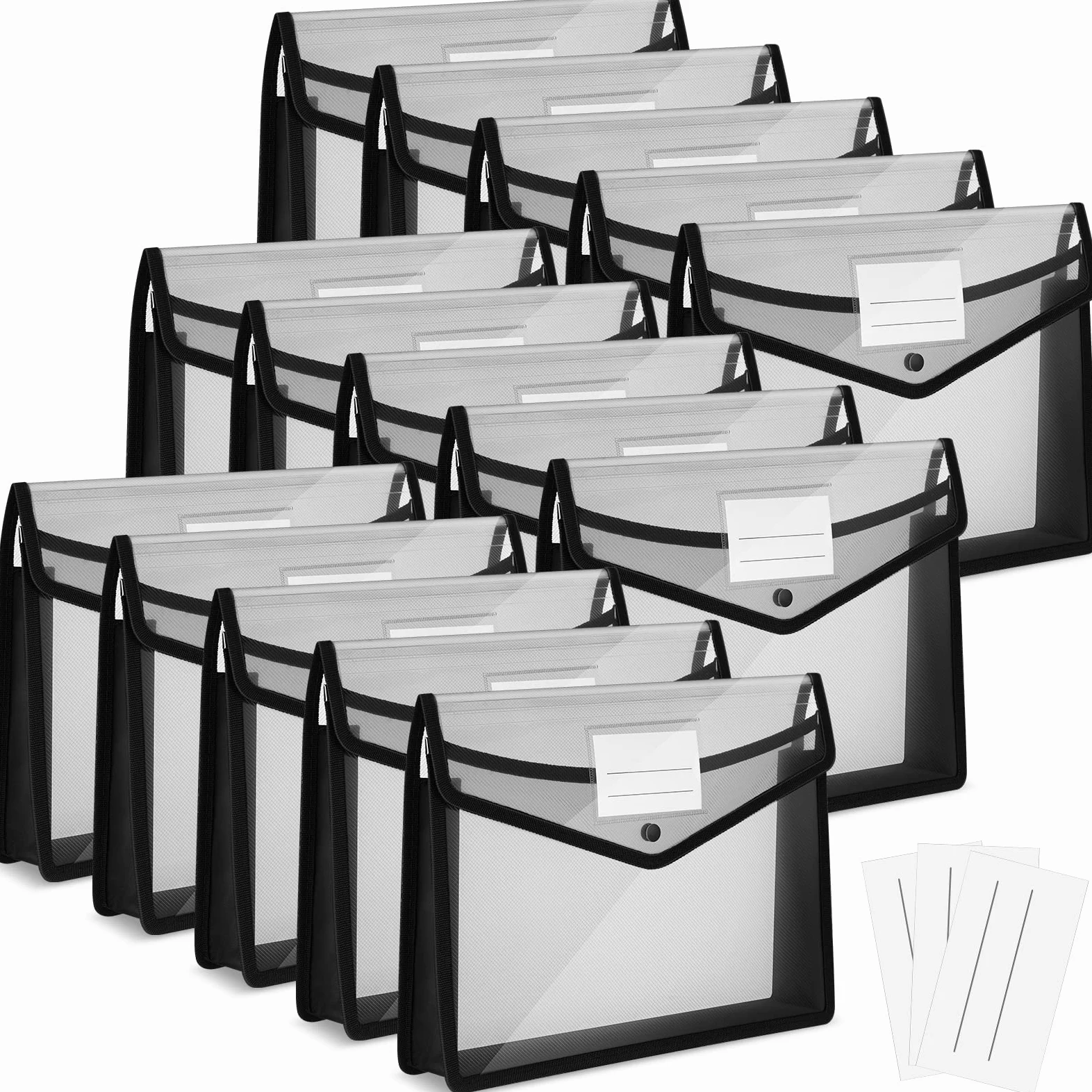 Teling 15 cartelline in plastica espandibile, formato A4, organizer per documenti colorati, con chiusura a bottone e tasca impermeabile, per lavori a casa (nero)